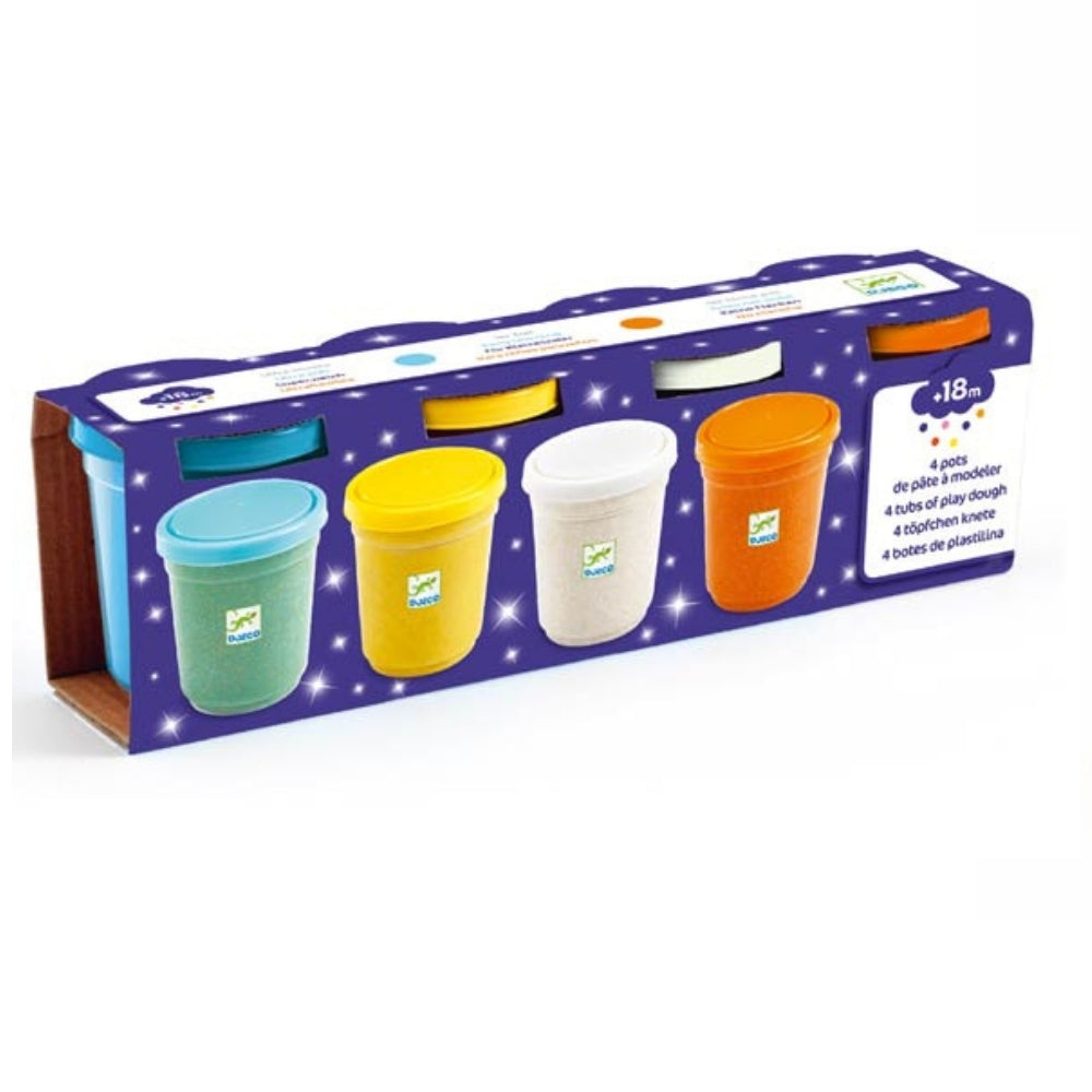 Djeco 4 Tubs of Glitter Modeling Play Dough for Kids - Non-Toxic Art & Craft Supplies for Creative Play, Birthday Gifts & Classroom Activities