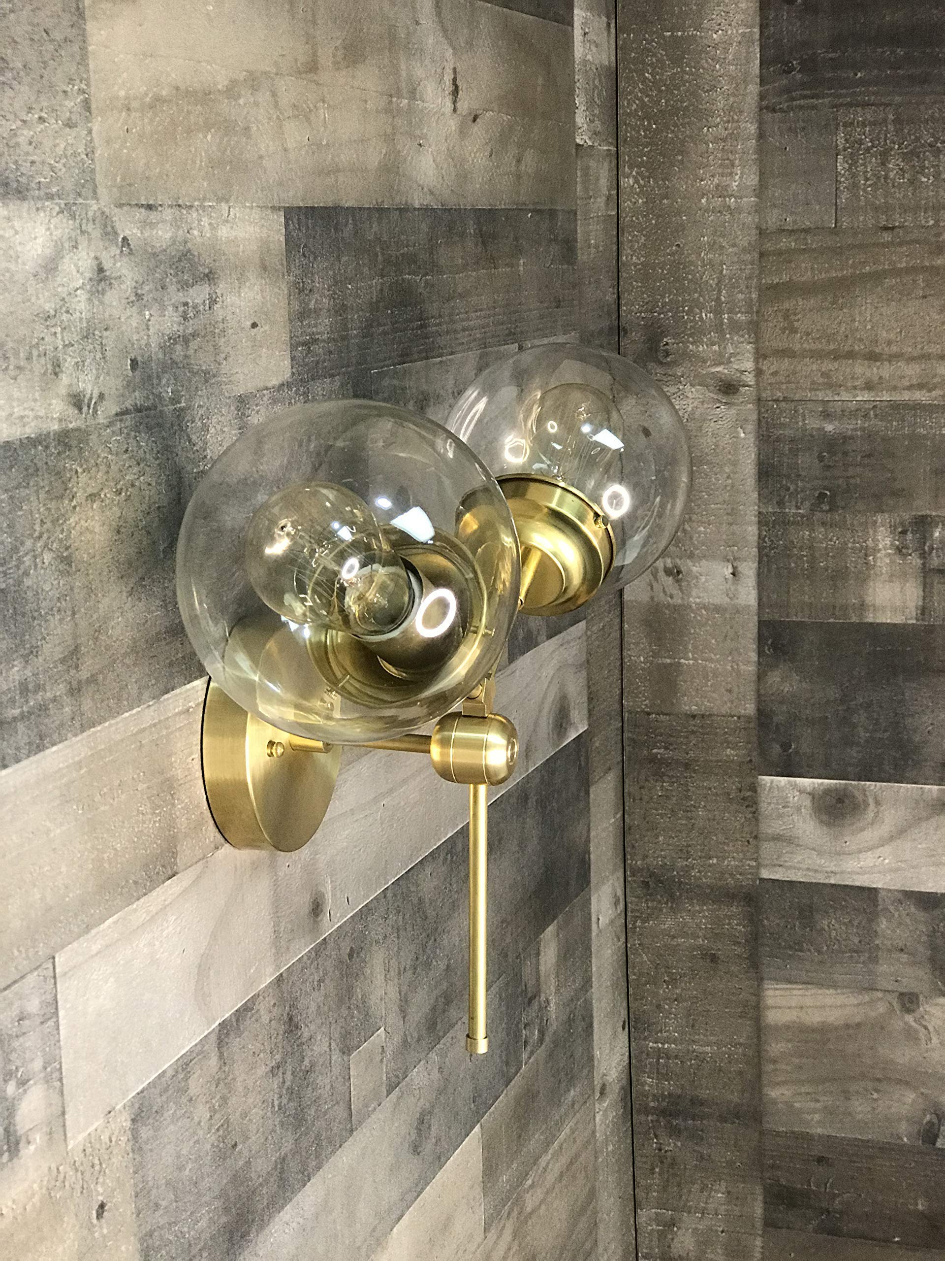 Vintage Mid Century Modern Double 6 Inch Wall Sconce - Clear Brass Finish LED Lighting Fixture for Bedroom, Living Room & Hallway