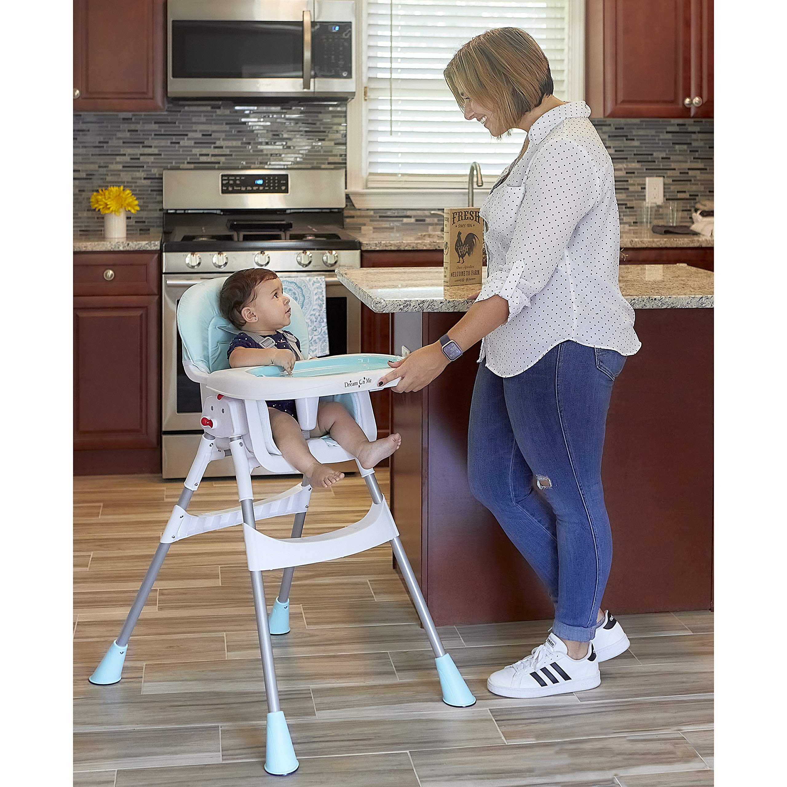 Dream On Me 2-in-1 Portable High Chair with Adjustable Height - Aqua Baby Dining Chair with Removable Tray | Lightweight & Easy Clean for Home, Travel & Outdoor Use