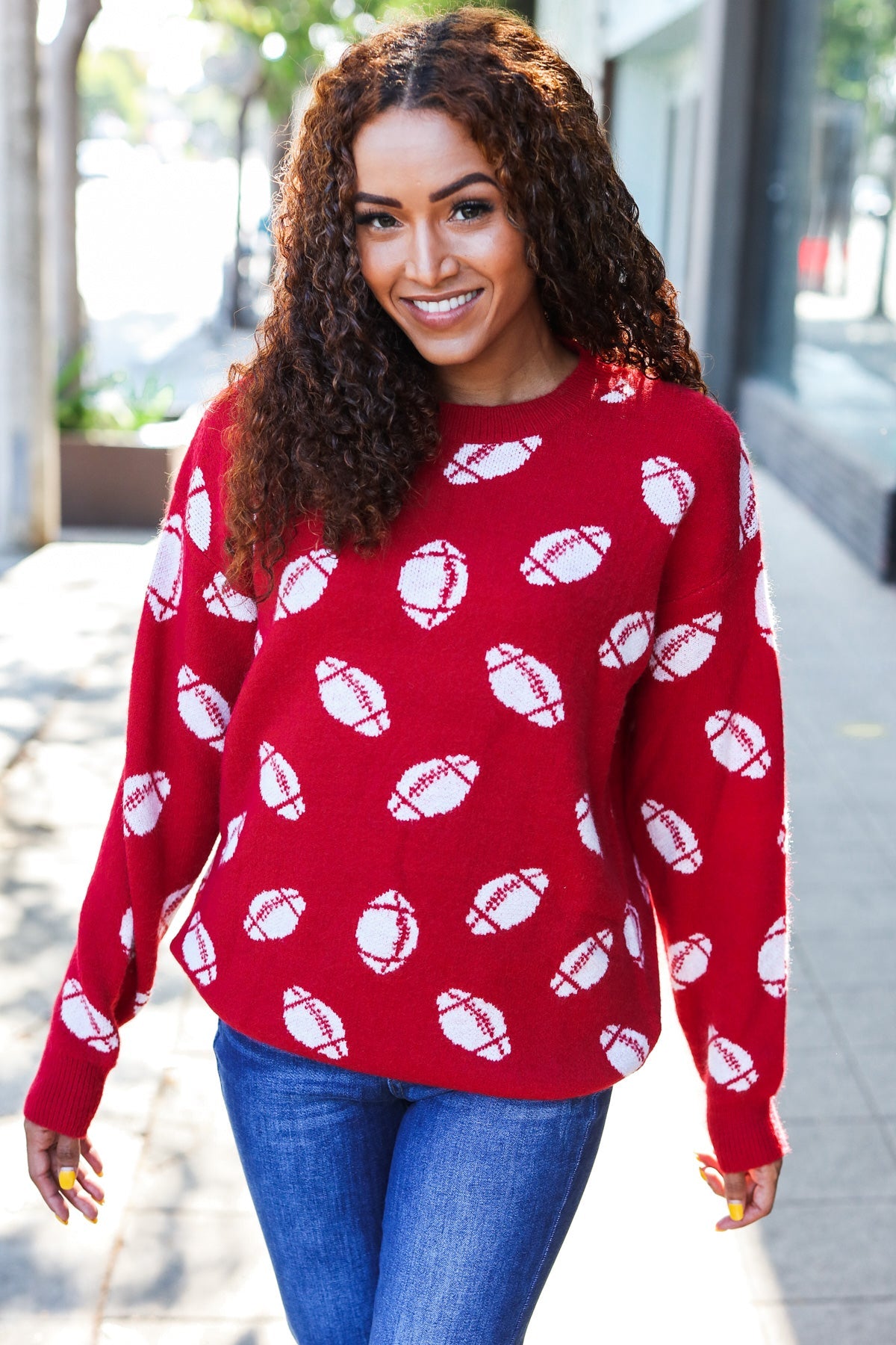 Game Day Red Football Print Jacquard Knit Sweater for Men - Cozy Team Spirit Pullover for NFL Fans, Tailgating & Winter Sports