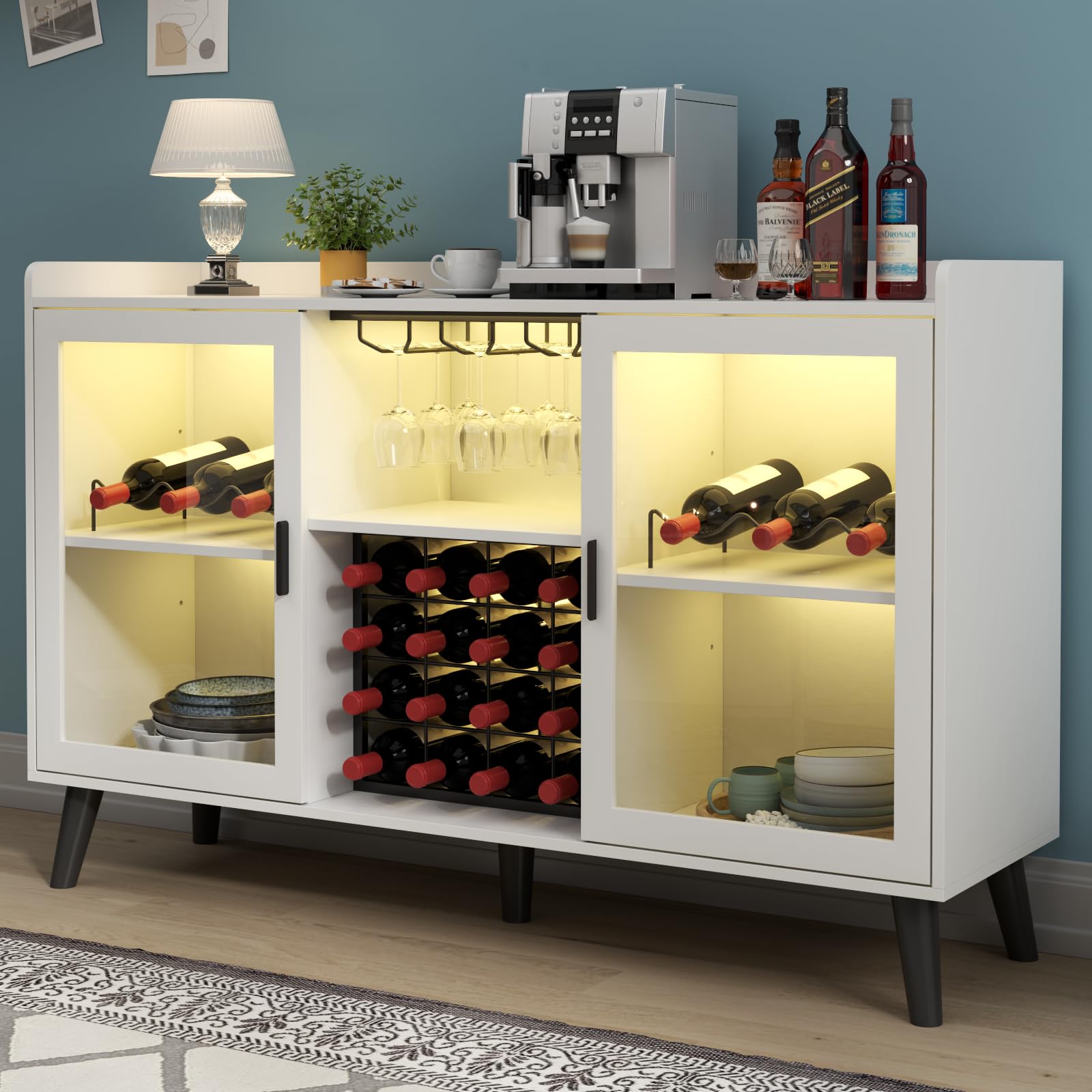 White Wine Bar Cabinet with LED Lighting - Freestanding Kitchen Buffet Sideboard with Glass Rack & Storage Shelves for Living Room, Dining Room - Perfect for Home Entertaining & Coffee Station Setup