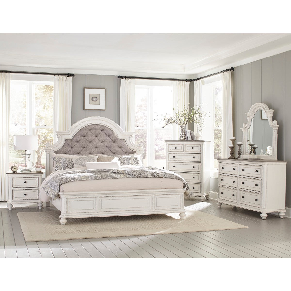 Antique White & Brown Gray Nightstand with USB Port & 2 Drawers - Solid Oak Veneer Bedside Table for Bedroom, Living Room, or Office