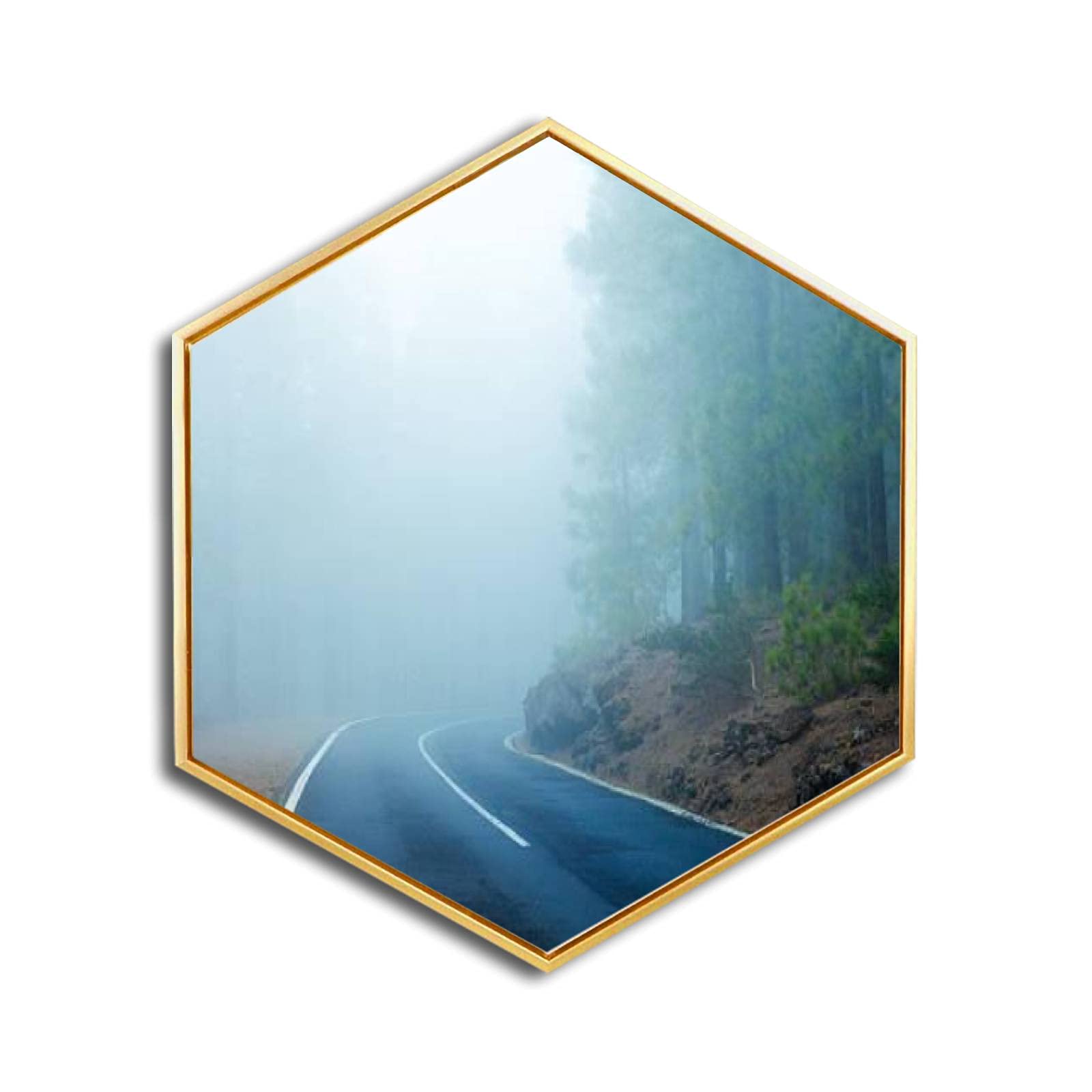 Premium Canvas Wall Art - 'Road in the Forest Through Fog' El Teide National Park Landscape - Golden Framed Giclee Prints - Modern Minimalist Hexagon Wall Decor for Home & Office - Ready to Hang - Perfect for Living Room, Bedroom or Workspace Decor