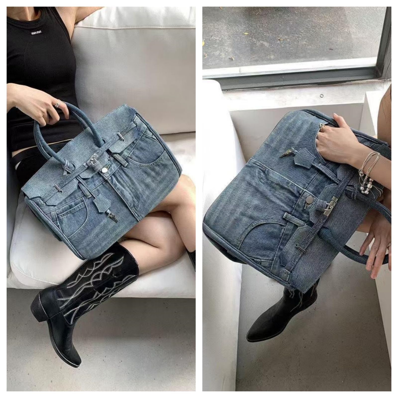Women's Denim Tote Bag - Spacious Retro Shoulder Bag for Beach & Casual Outings