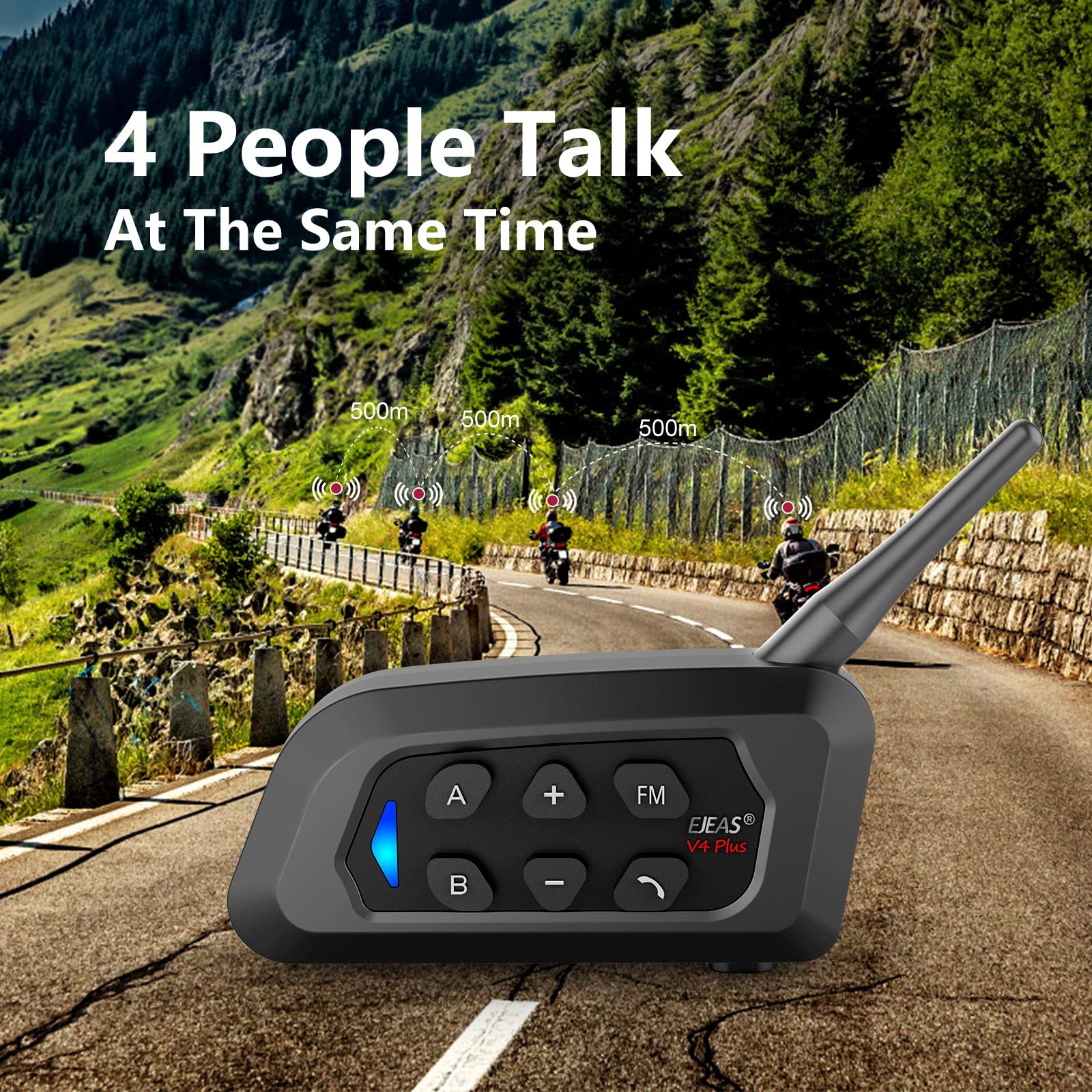 EJEAS V4 Plus Motorcycle Bluetooth Intercom Headset - 4 Person Full Duplex Communication, Bluetooth 5.1 with FM Radio & CVC Noise Cancellation, Crystal Clear Audio for Group Riding - Perfect for Motorcycle Tours, Commuting and Adventure Riding (1 Pack)