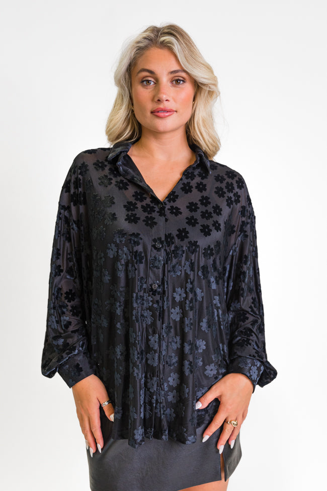 Black Velvet Floral Button Down Blouse for Women - Elegant Office Wear & Evening Outfits - Final Sale