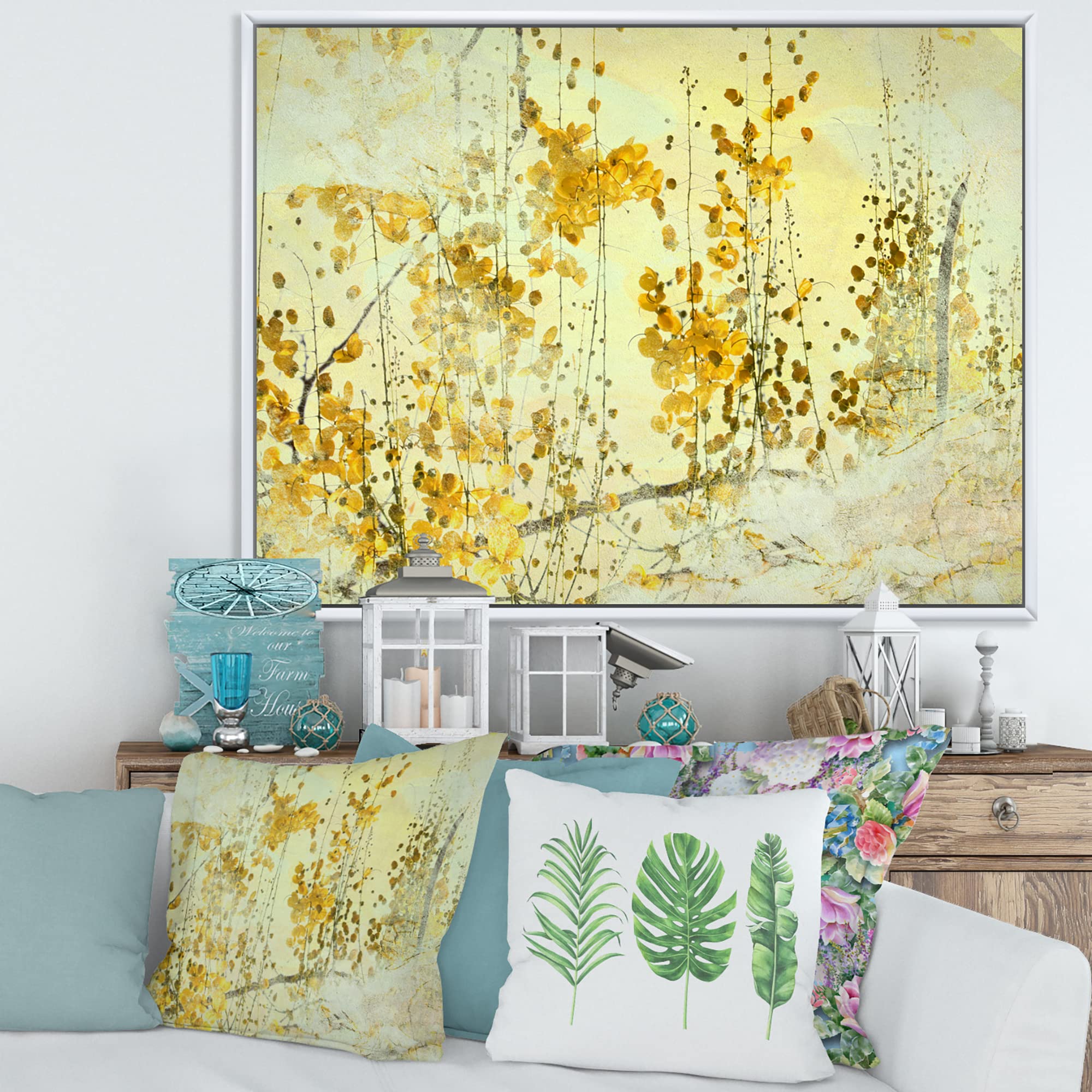 DesignQ Yellow Flower Grunge Art - Modern Framed Canvas Wall Art Print for Living Room, Bedroom & Office Decor | Home Wall Decoration | Ready to Hang