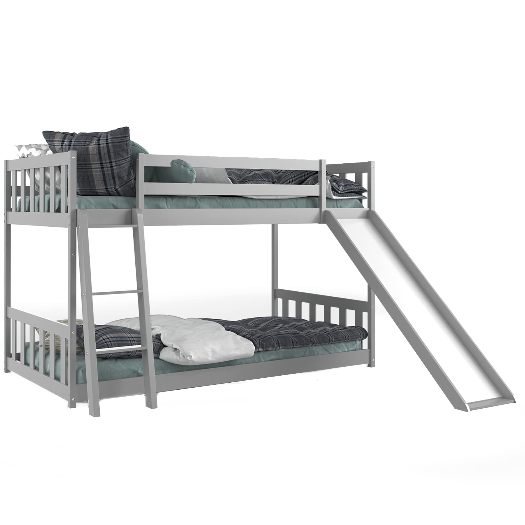 KOMFOTT Twin Over Twin Wood Bunk Bed with Convertible Slide, Inclined Ladder & Safety Guardrails - Space Saving Bed Frame for Teens, Students - Perfect for Small Bedrooms, Dorm Rooms & Kids' Rooms (Gray)