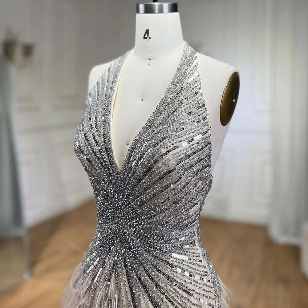 Serene Hill Luxury Beaded Feather Beige High Slit Mermaid Evening Dress for Women - Backless Formal Gown for Prom, Wedding, Red Carpet & Special Occasions