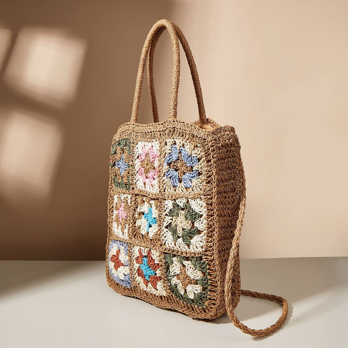 Straw Bag for Women - Hand-Woven Rattan Shoulder Bag & Crossbody Purse - Jiugongge Floral Retro Beach Bag (Khaki) | Perfect for Summer Vacations, Beach Trips & Boho Fashion
