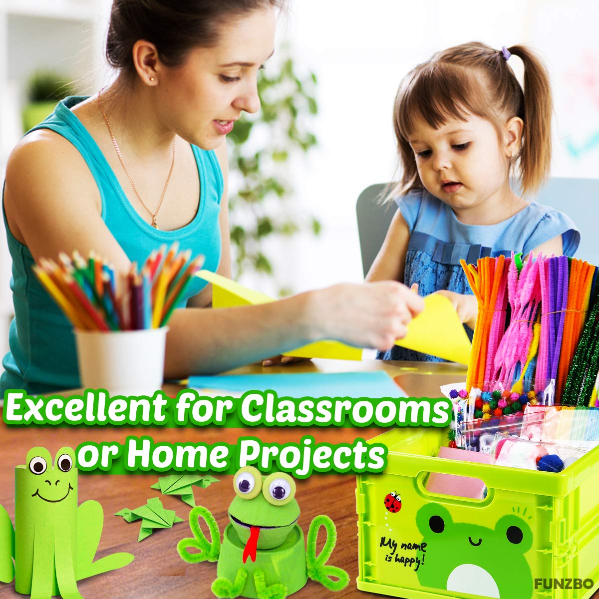 FUNZBO Kids Arts and Crafts Supplies Kit - Pipe Cleaners, Popsicle Stickers, Construction Paper, Pom Poms & Googly Eyes for Homeschooling, DIY Projects & Creative Play - Perfect Gift for Boys & Girls Ages 4-12 (Classroom, Birthday Party & Home Craft Activities)