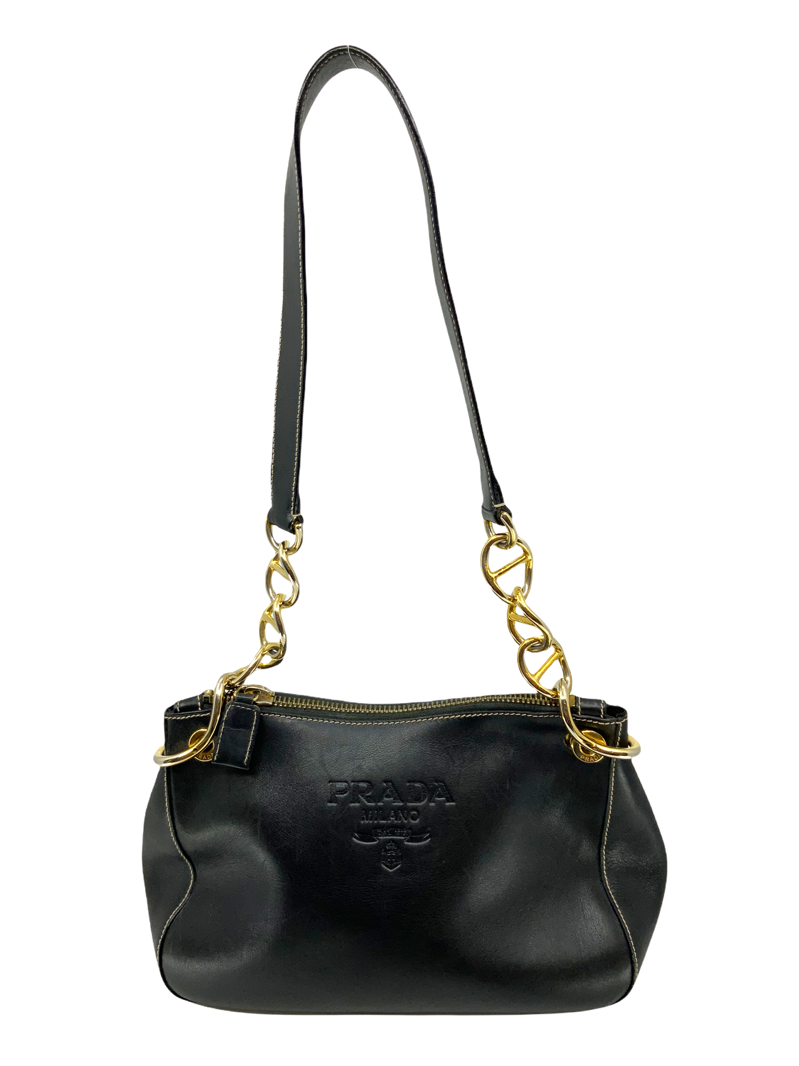 Prada Logo Embossed Leather Chain Link Shoulder Bag for Women | Luxury Designer Handbag | Perfect for Work, Evening Events & Everyday Use