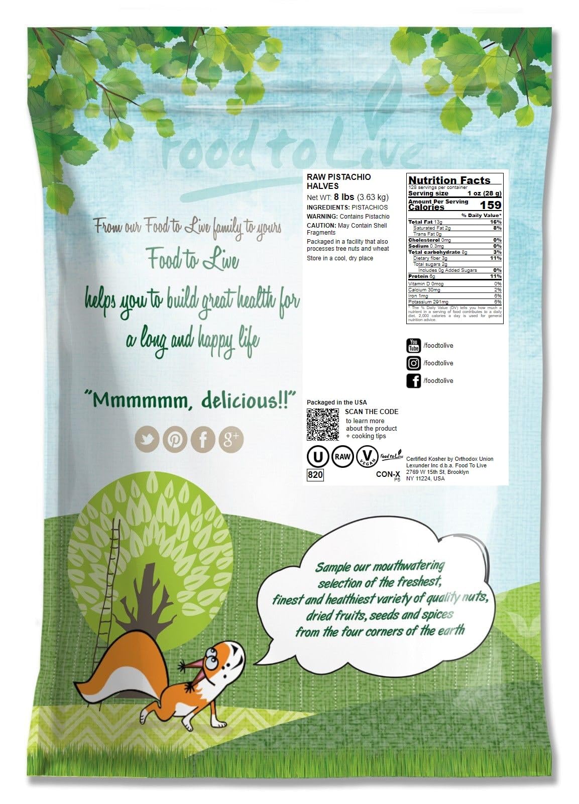 Food to Live California Pistachio Halves, 8 Pounds – Non-GMO, Raw, Shell-Free, Unsalted, Vegan, Bulk Nutmeats | High in Vitamin B6, Thiamin & Protein | Keto-Friendly Snack | Perfect for Salads, Baking & Healthy Snacking