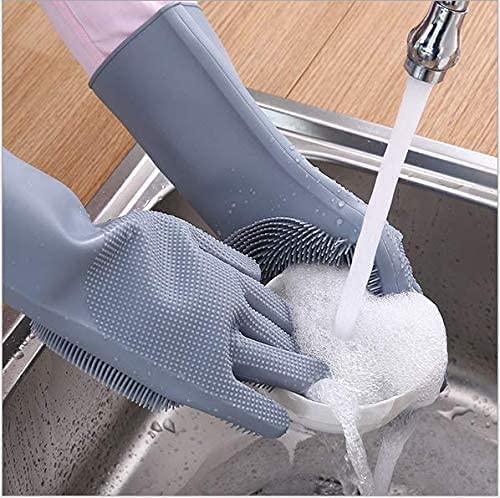 DHONI Multipurpose Cleaning Gloves for Kitchen, Dishwashing, Housework & Cars - Durable Rubber Scrubbing Gloves with Sponge Brush (Grey, Pack of 1) - Perfect for Washing Utensils, Car Detailing & Household Chores