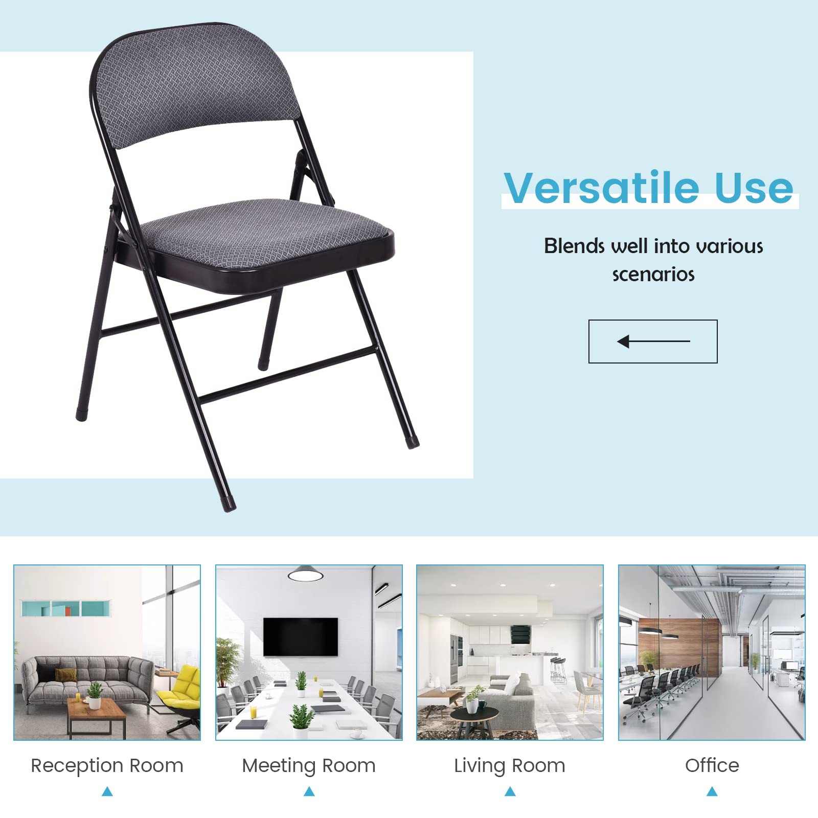 ARLIME 4-Pack Folding Chairs with Padded Seat & Back - Portable Metal Frame Chairs for Home, Office, Camping, Picnics & Outdoor Events - Set of 4 Comfortable Upholstered Chairs