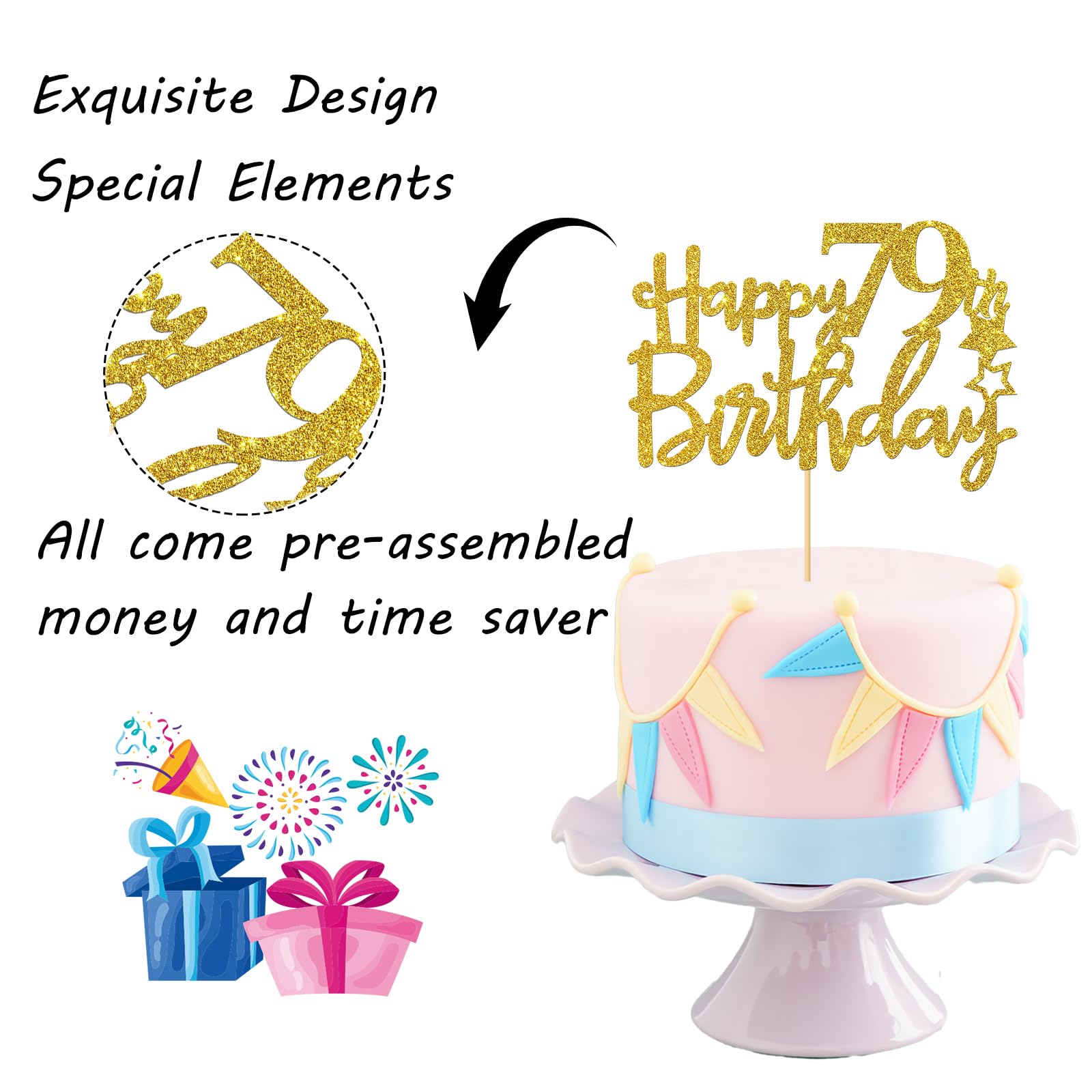 Gold Glitter Happy 79th Birthday Cake Topper - 79 Sign Cake Decor - Cheers to 79 Years Party Supplies - 79th Birthday Party Decorations for Women, Men, Retirement Celebration & Milestone Birthday Cakes