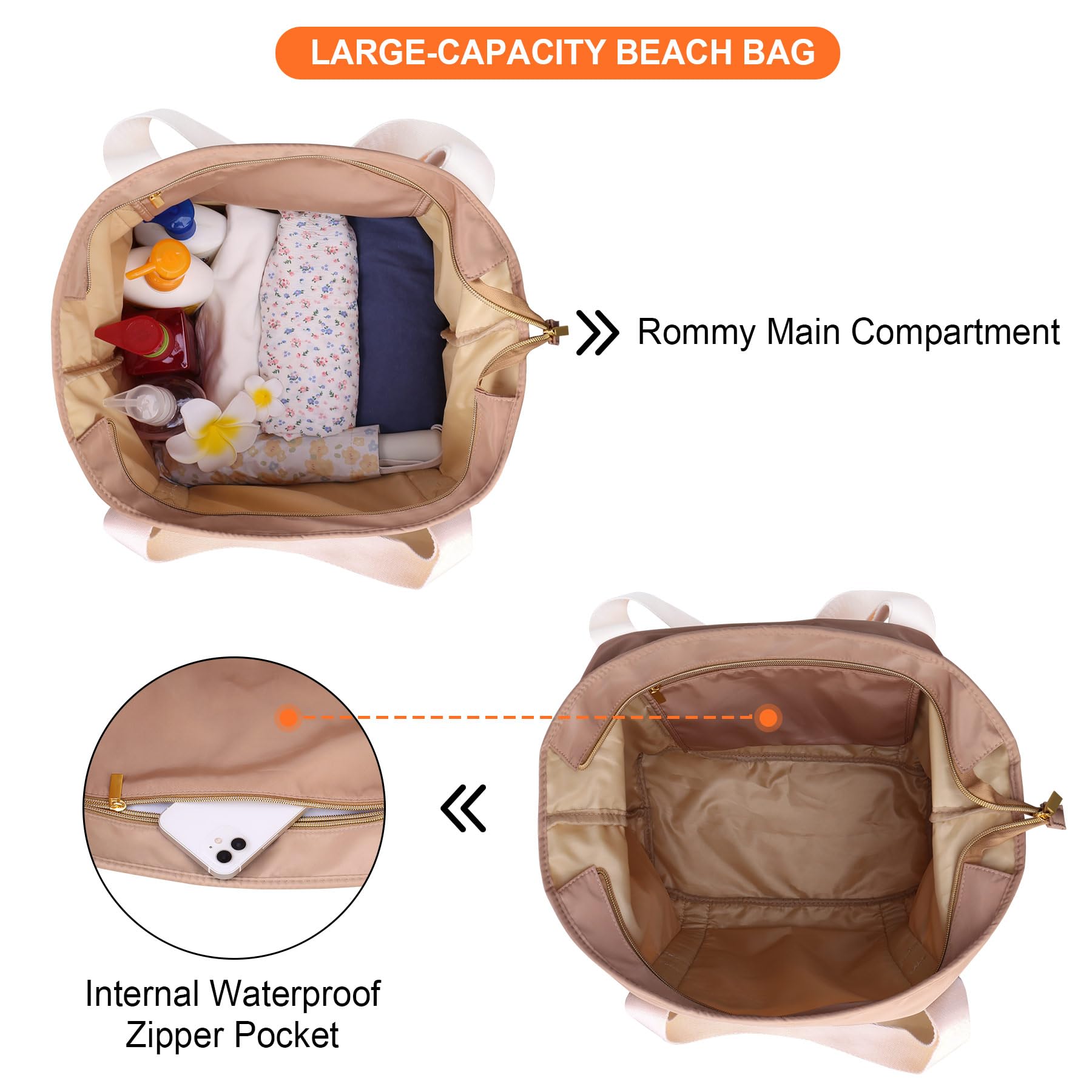 Lacdo Waterproof Sandproof Foldable Beach Tote Bag for Women - Lightweight Travel Pool Bag for Vacation, Swimming, Beach Trips & Outdoor Activities