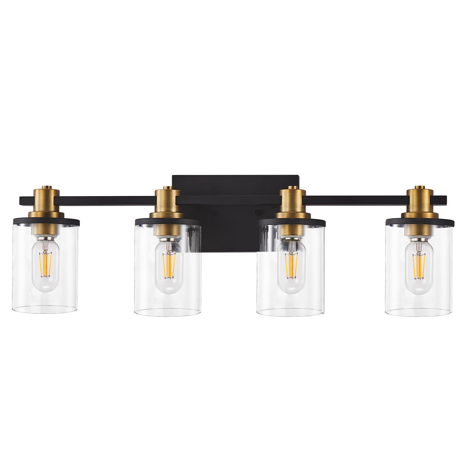 4-Light Black and Gold Bathroom Vanity Light Fixture with Clear Glass Shade - Modern Matte Black & Brushed Gold Copper Accent Lighting for Bathroom Mirror - Perfect for Powder Room, Master Bath, or Spa-Like Retreat