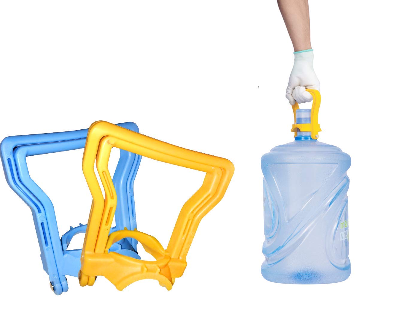 UNIONFACTORY 2 Pack Ergonomic 5 Gallon Water Bottle Handle - Heavy Duty Water Jug Carrier for 5 Gal Bottles, Comfort Grip Handle for Drinking Water Dispensers (Yellow & Blue) - Perfect for Office, Home, and Outdoor Use
