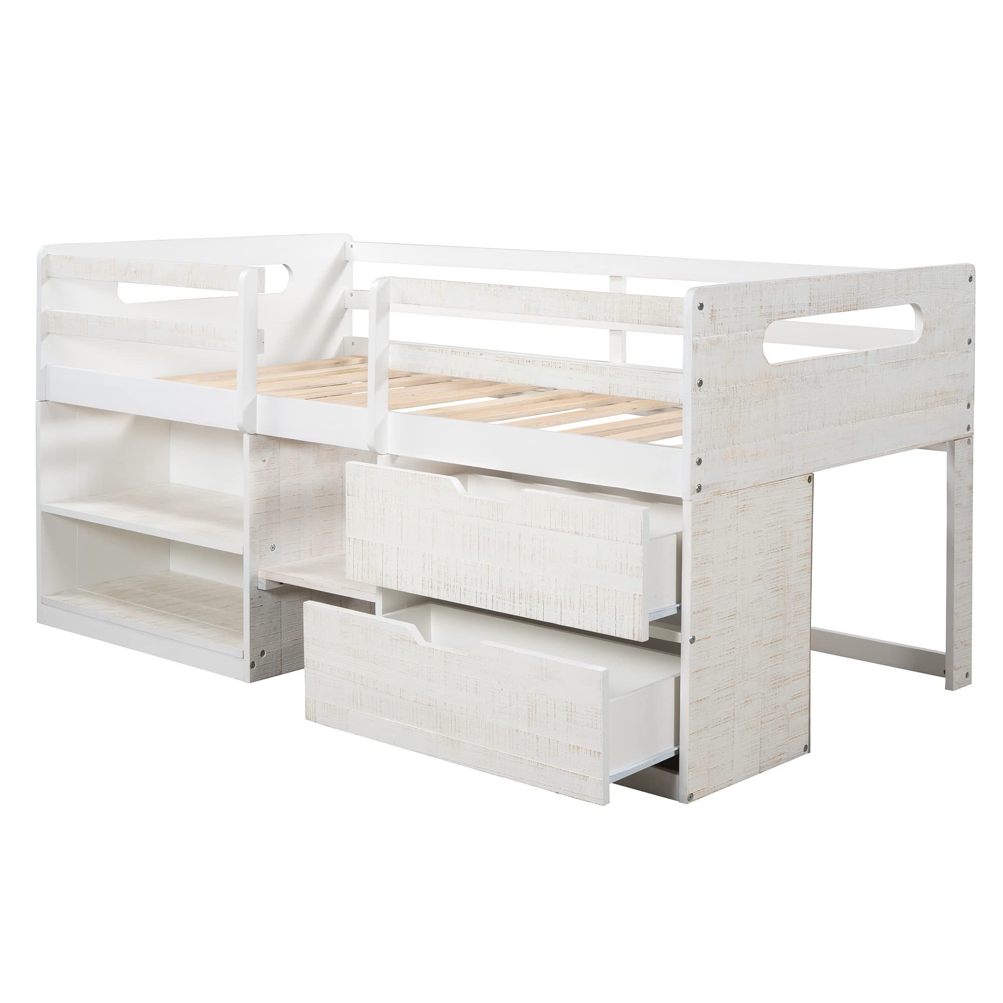 P PURLOVE Twin Loft Bed with 2 Shelves & 2 Drawers - Low Loft Bed Frame for Kids/Teens - No Box Spring Needed - Antique White - Perfect for Small Rooms & Dorm Spaces