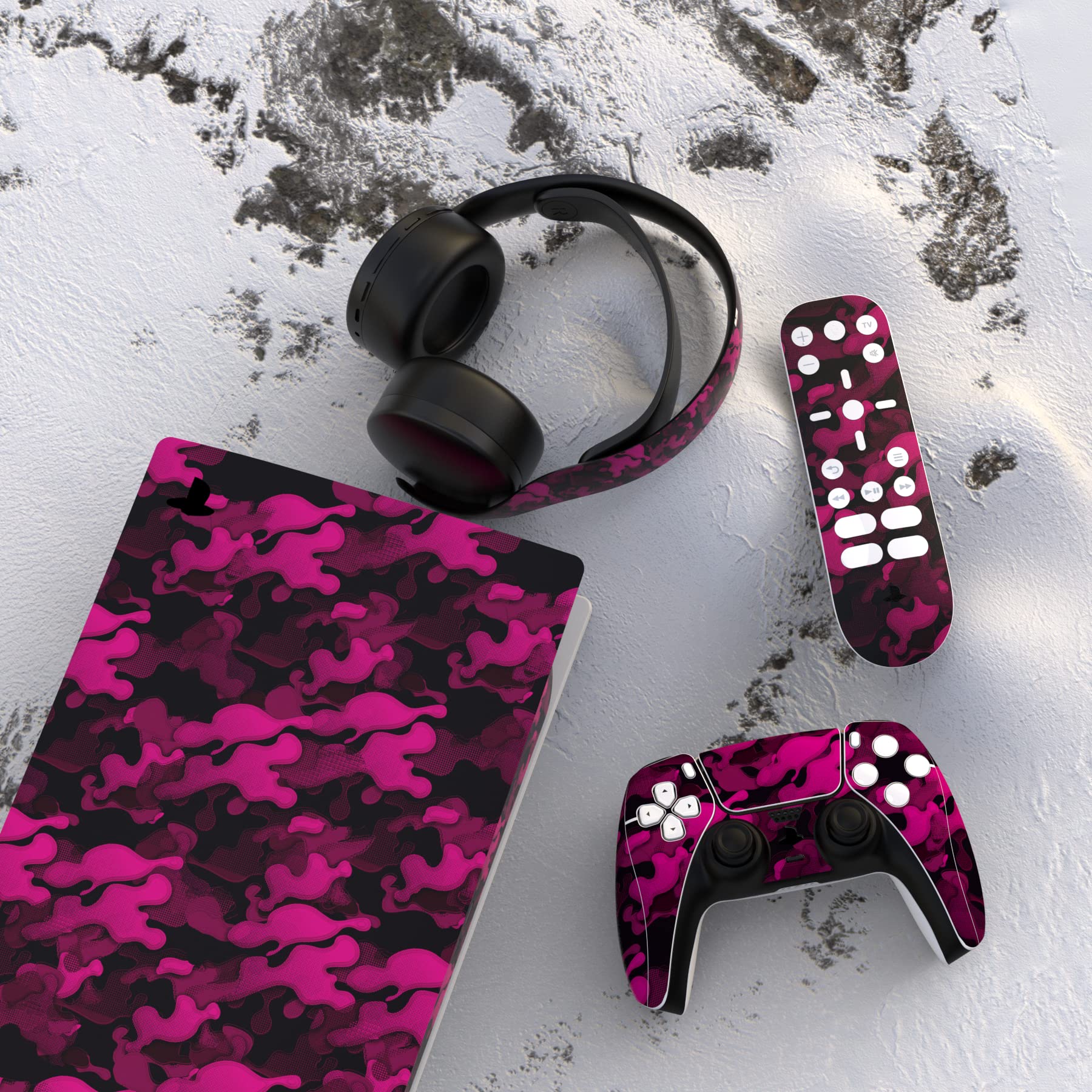 PlayVital Rose Red Black Camouflage Full Skin Decal Set for PS5 Digital Edition Console - Vinyl Sticker Cover for PS5 Controller, Charging Station, Headset & Media Remote - Perfect for Gaming Setup & Customization
