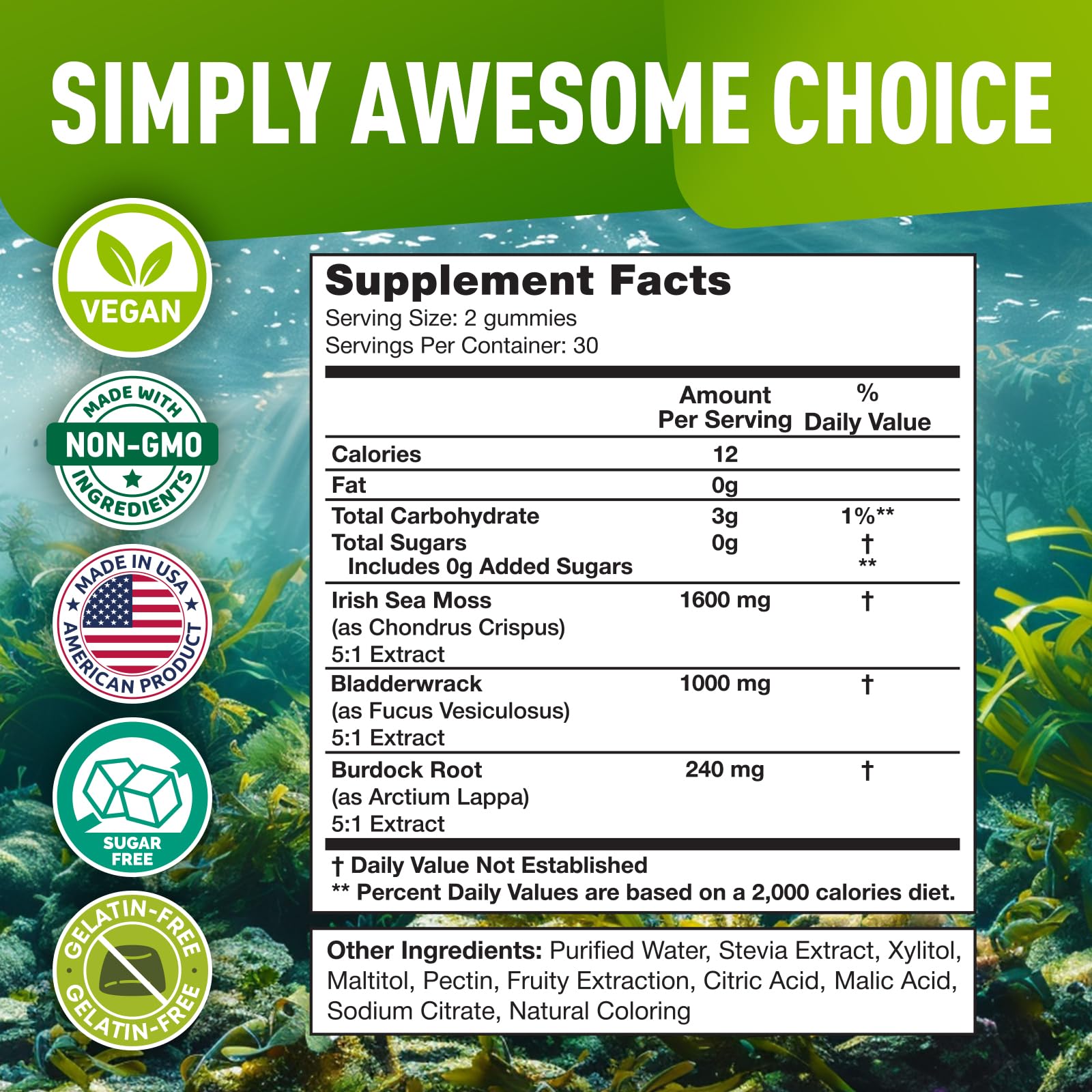 Organic Sea Moss Gummies for Adults & Kids - Wildcrafted Irish Sea Moss with Bladderwrack & Burdock Root - 60 Vegan Gummy Supplements for Immune Support & Digestion - Perfect for Daily Wellness & Family Health