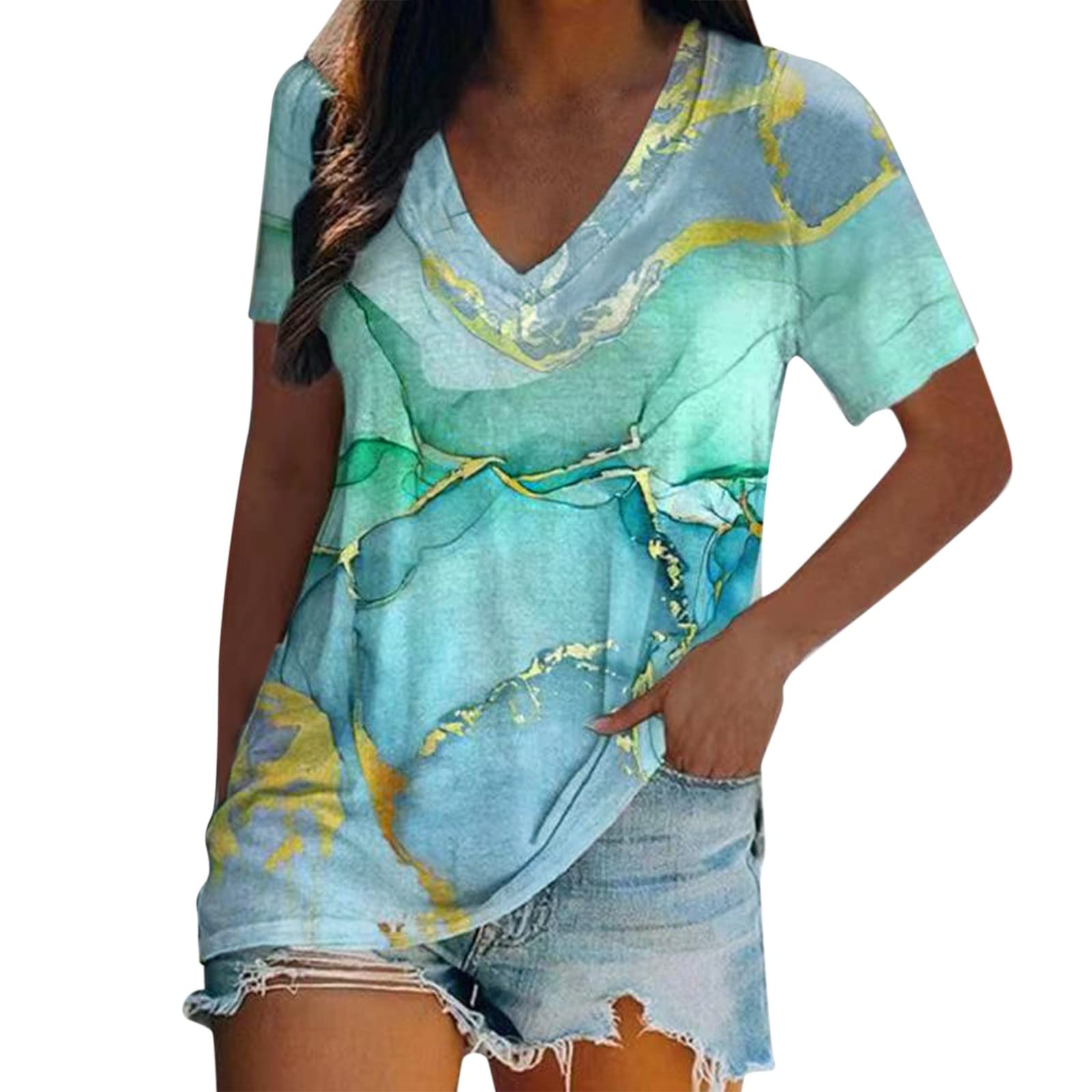 Women's Long Fitted Summer T-Shirt - Short Sleeve V-Neck Tie Dye Printed Casual Top | Perfect for Beach Outings, Music Festivals & Everyday Wear