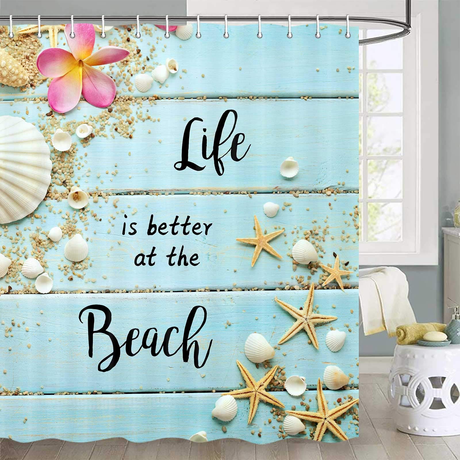 Beach Themed Rustic Shower Curtain Set - 69x72 Inch Coastal Bathroom Decor with Teal Blue Wooden Seashell & Starfish Design - Summer Fabric Bath Curtain for Beach House, Vacation Rental or Coastal Style Bathroom - Perfect for Nautical & Seaside Inspired Home Decor