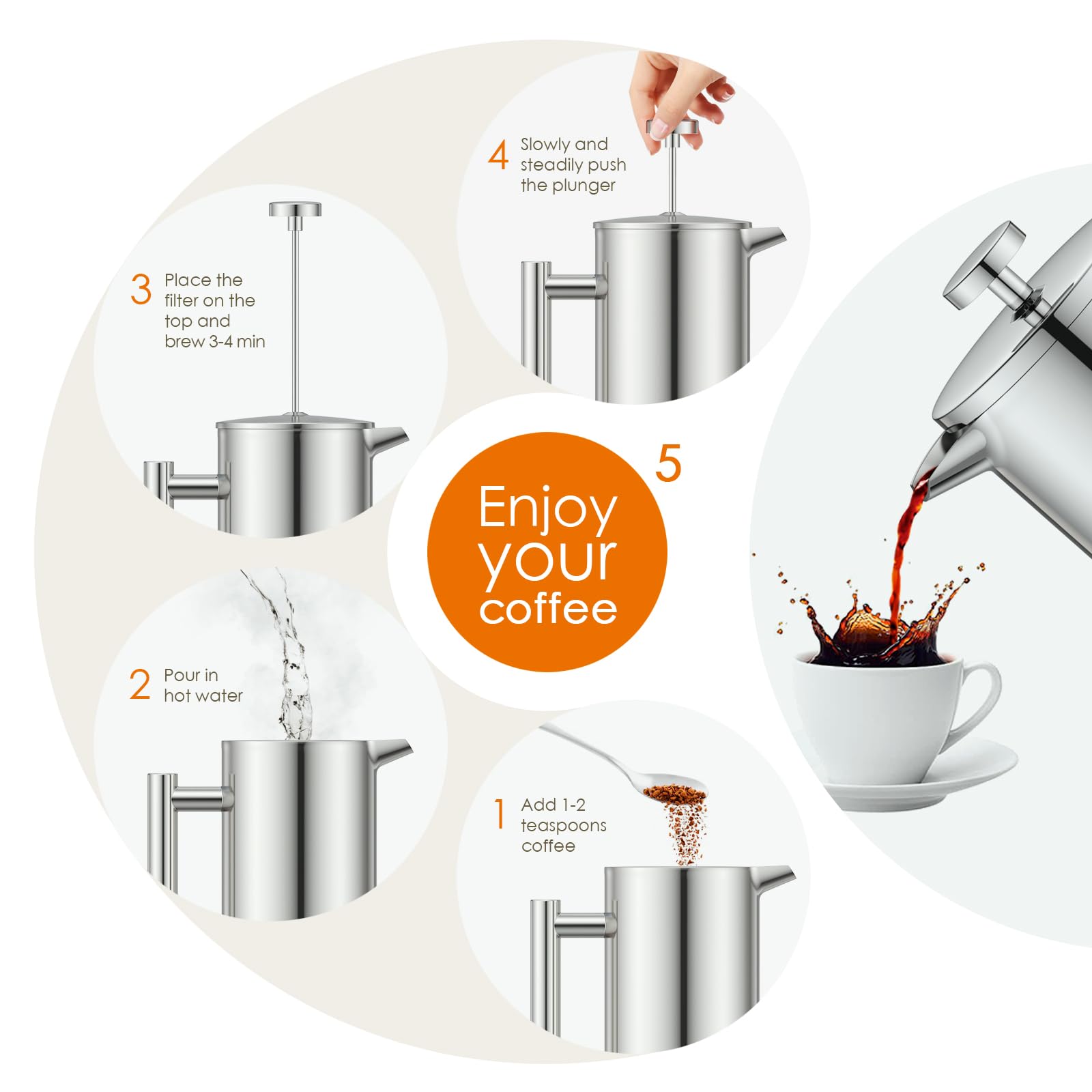 Enfmay 1L French Press Coffee Maker with 4-Layer Stainless Steel Filter & Spoon - Insulated Stainless Steel Cafetiere for Home, Travel & Camping - Perfect for Brewing Rich Coffee, Tea & Cold Brew (Silver)