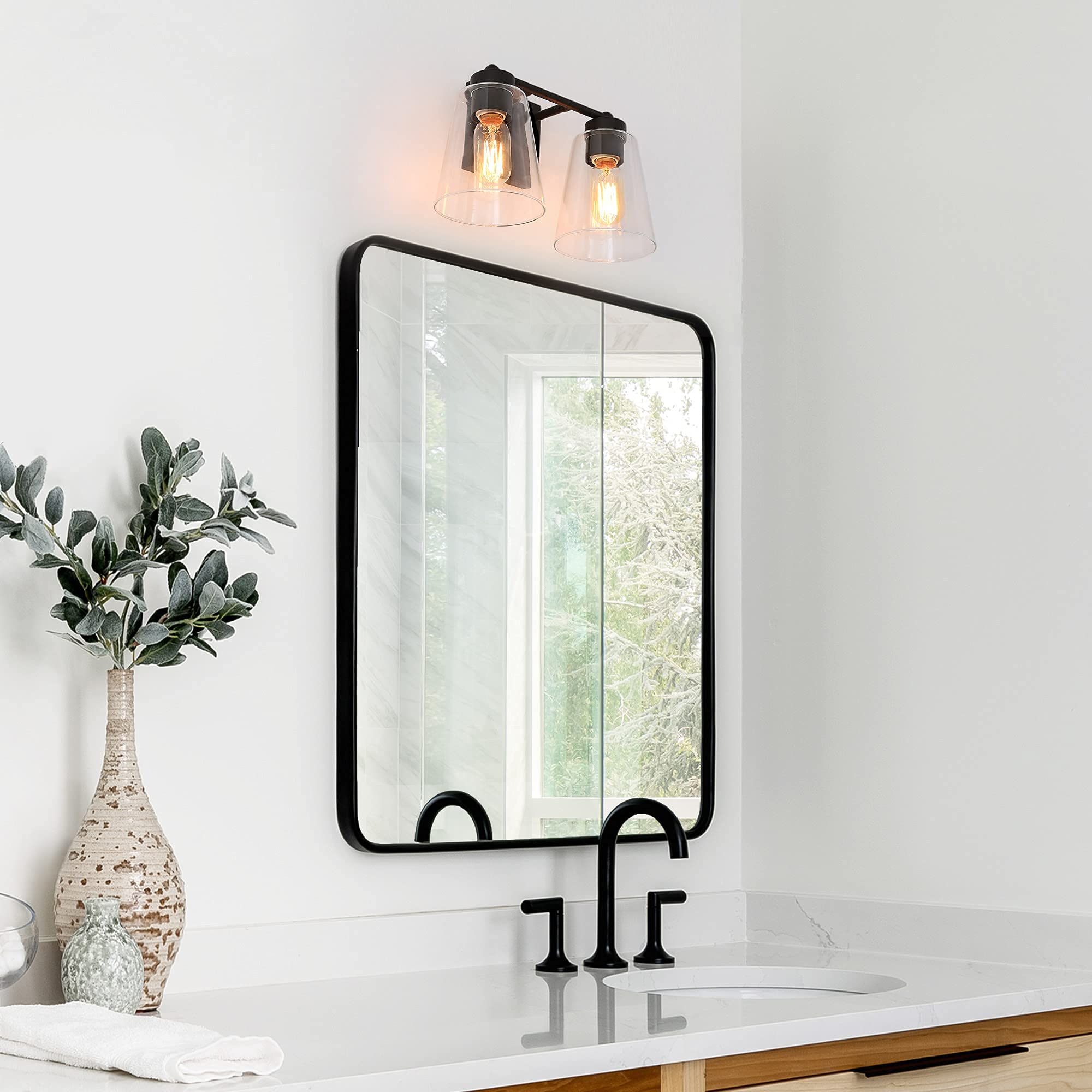 Black Farmhouse Bathroom Vanity Light Fixture - 2-Light Rustic Sconce with Clear Glass Shade (13