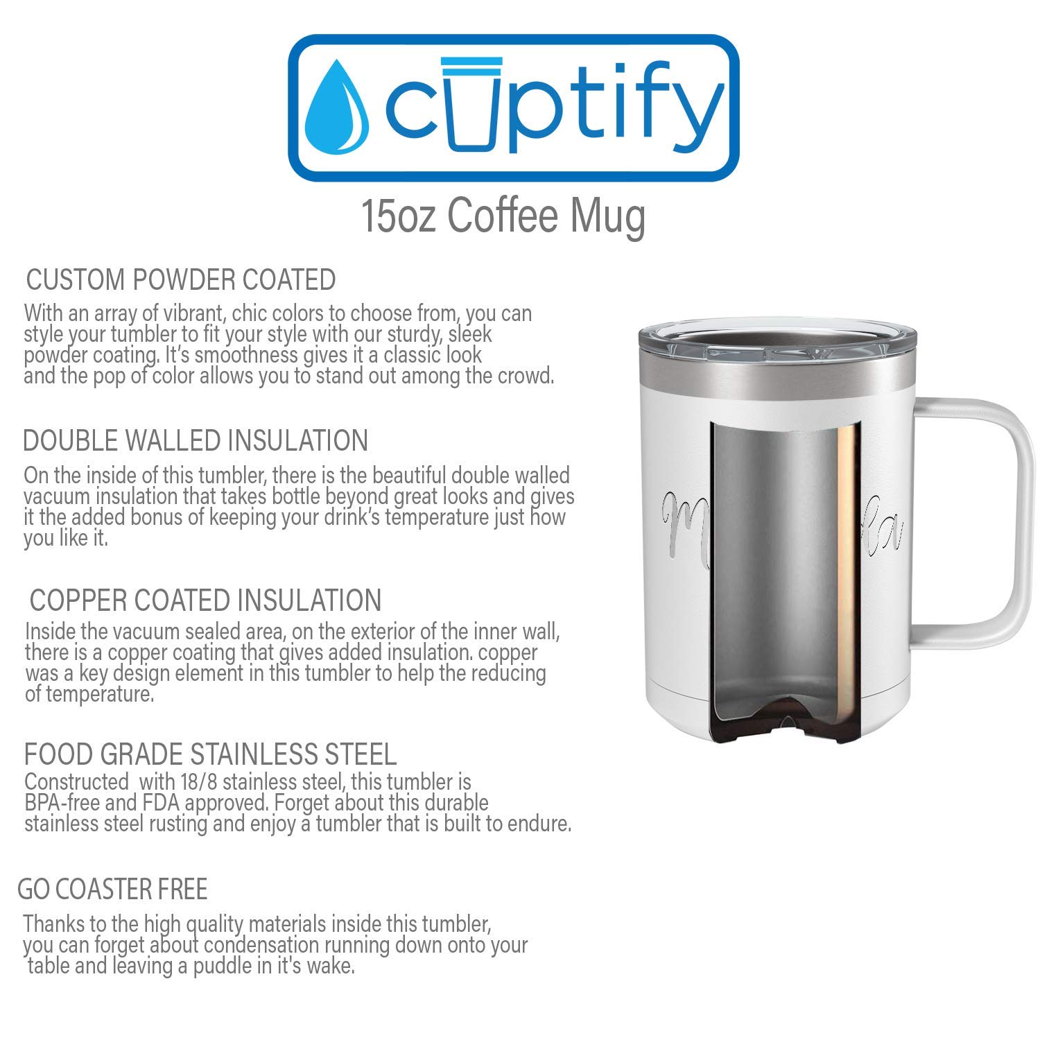 Custom Engraved 15 oz White Matte Stainless Steel Vacuum Insulated Coffee Mug - Personalized Gift with Handle for Office, Home & Travel Use