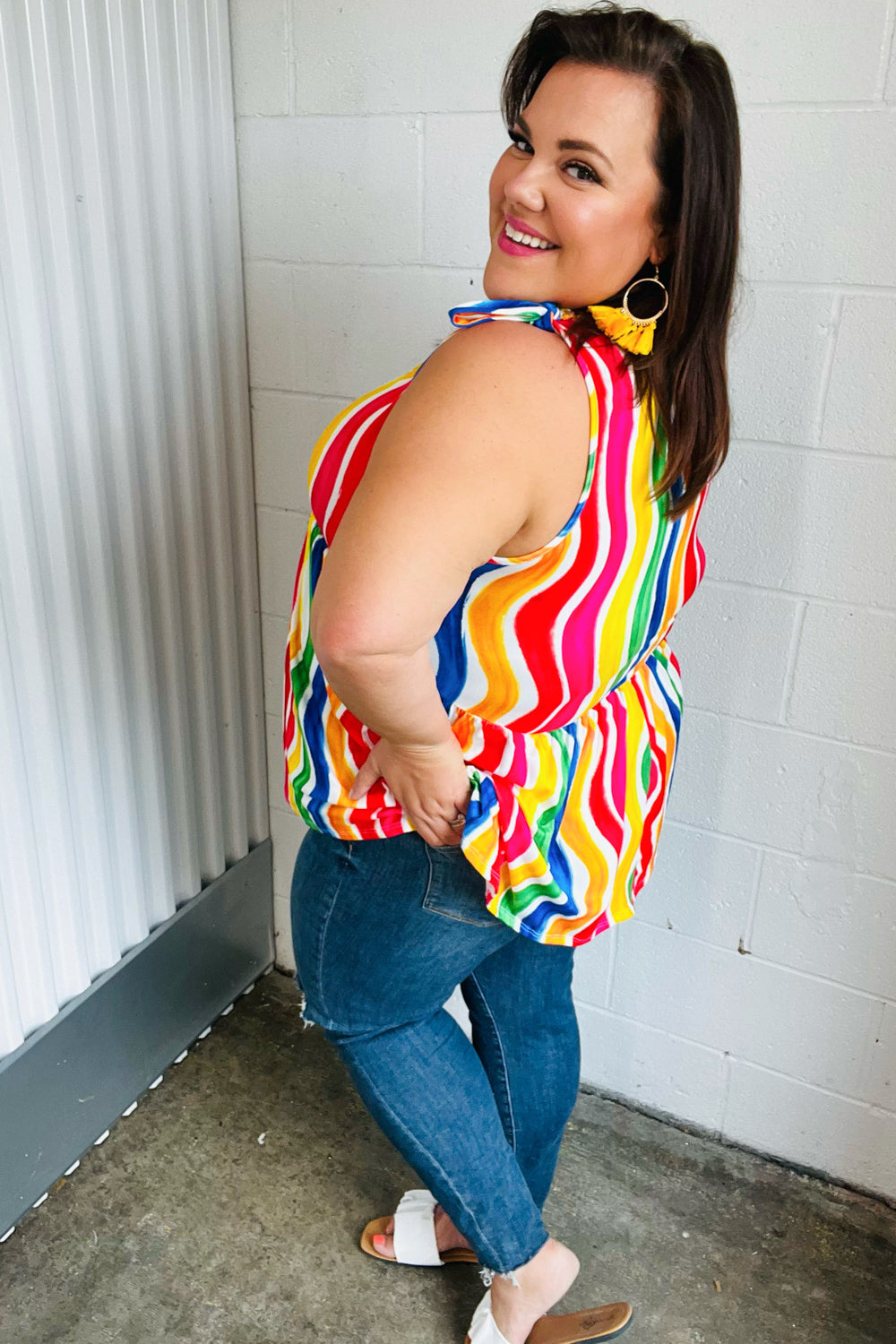 Trendy Multicolor Wavy Stripe Shoulder Tie Detail Blouse - Perfect for Summer Outfits, Beach Vacations & Casual Date Nights