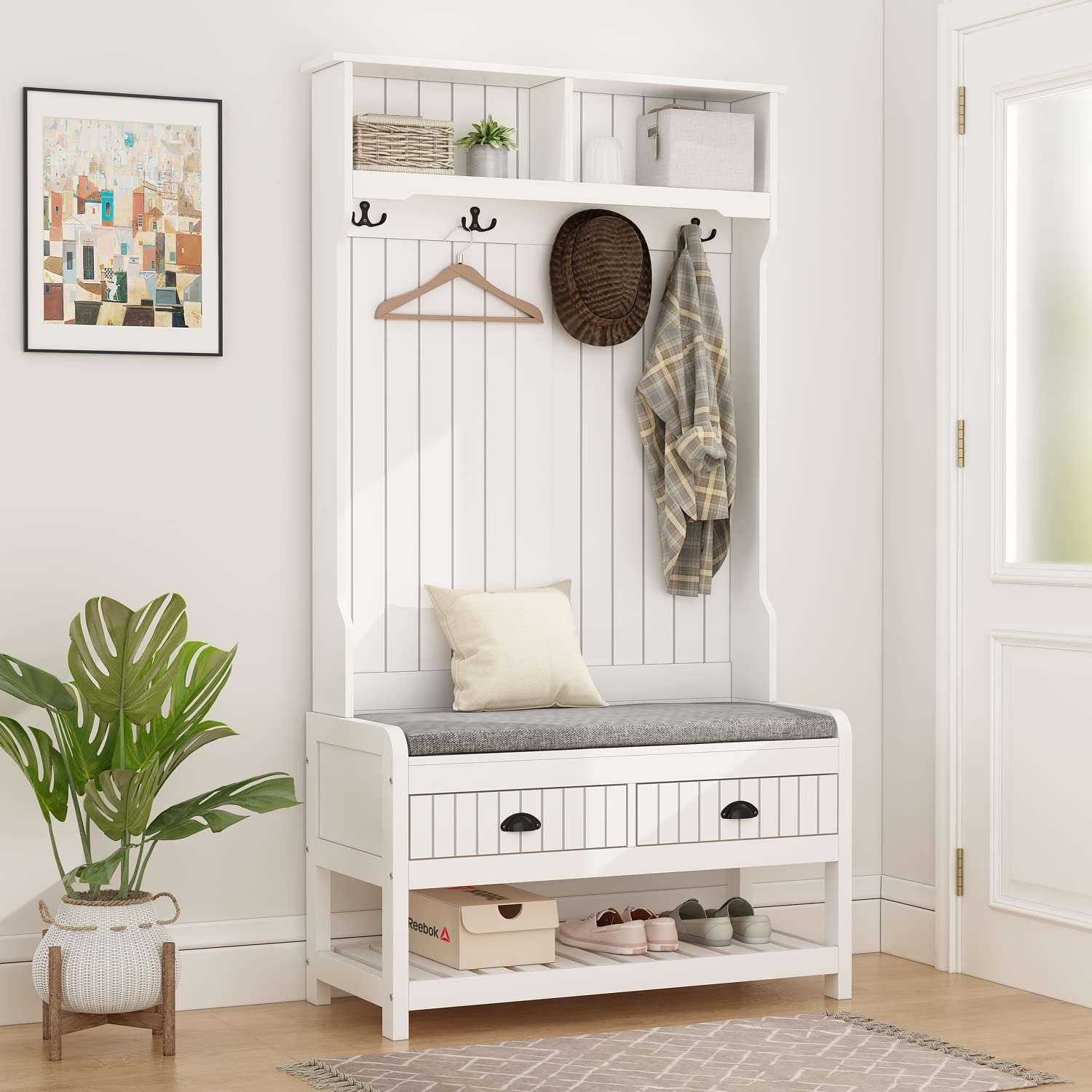 Homsee Modern Hall Tree with Storage Bench - 4-in-1 Entryway Organizer with Coat Rack, 4 Metal Double Hooks, Shelves & 2 Drawers - White Hallway Furniture for Living Room, Foyer & Entryway - Perfect for Storing Shoes, Coats & Home Decor