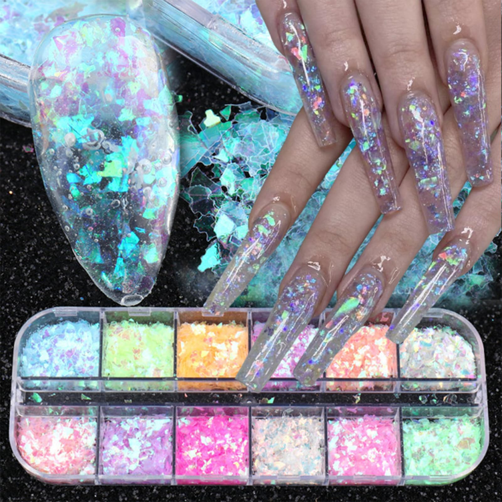 12 Colors Mermaid Nail Art Glitter - 3D Holographic Nail Sequins & Iridescent Ice Slag Flakes for DIY Manicure - Shiny Resin Nail Decor Accessories for Women - Perfect for Nail Salon, Party, Wedding, and Special Occasion Nail Designs