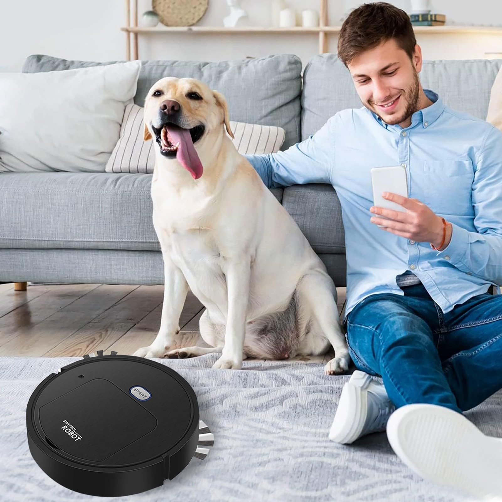 Smart Robot Vacuum and Mop Cleaner with 2000Pa Strong Suction, WiFi/App Control, Self-Charging for Hardwood Floors, Pet Hair & Low-Pile Carpets - Ultra Slim & Quiet Design (Black) - Perfect for Homes with Pets and Busy Families
