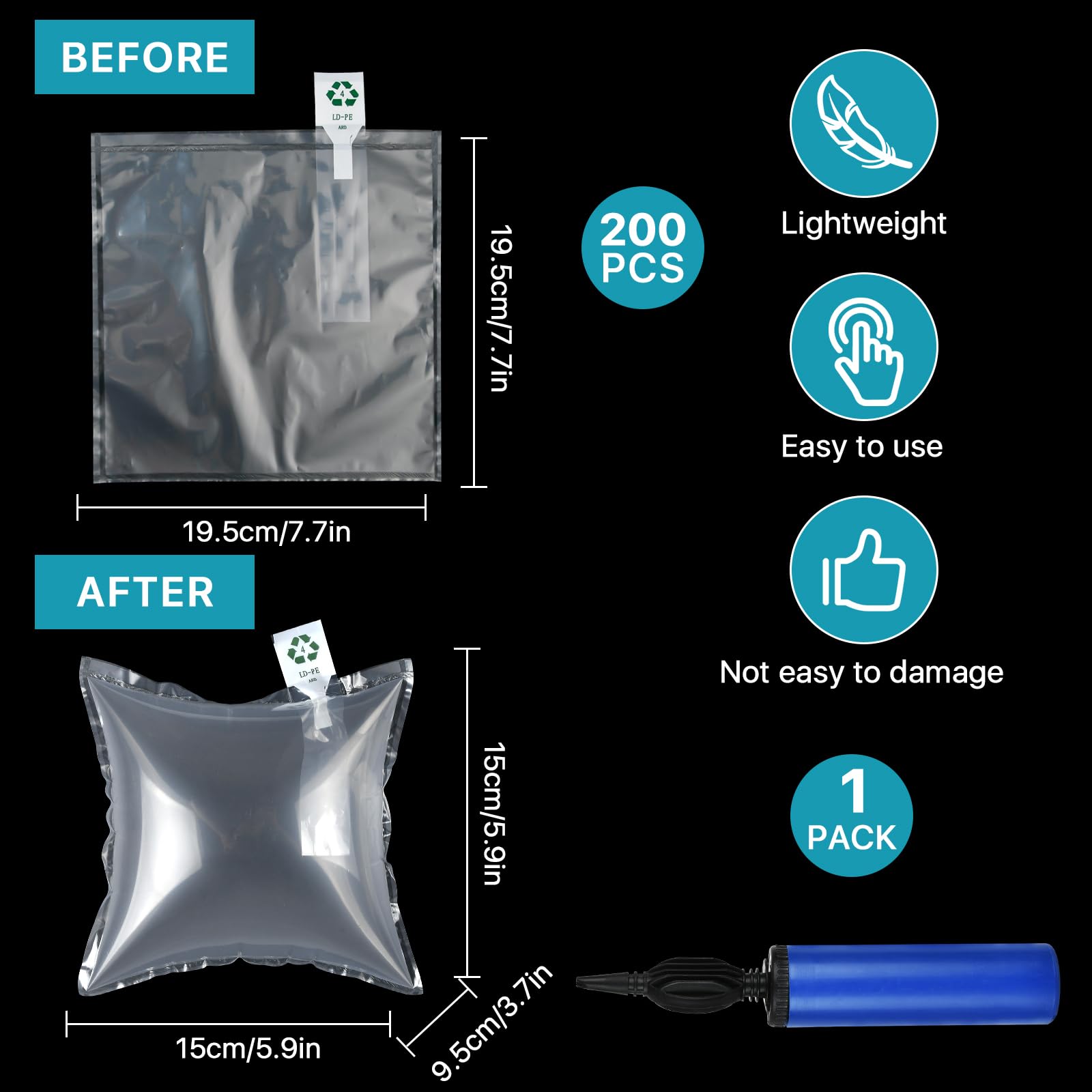 200 Pcs Clear Plastic Air Cushion Bags for Shipping & Moving - 7.9×7.9 In Inflatable Packing Air Pillows with Free Pump - Protective Packaging for Fragile Items, Electronics & Furniture