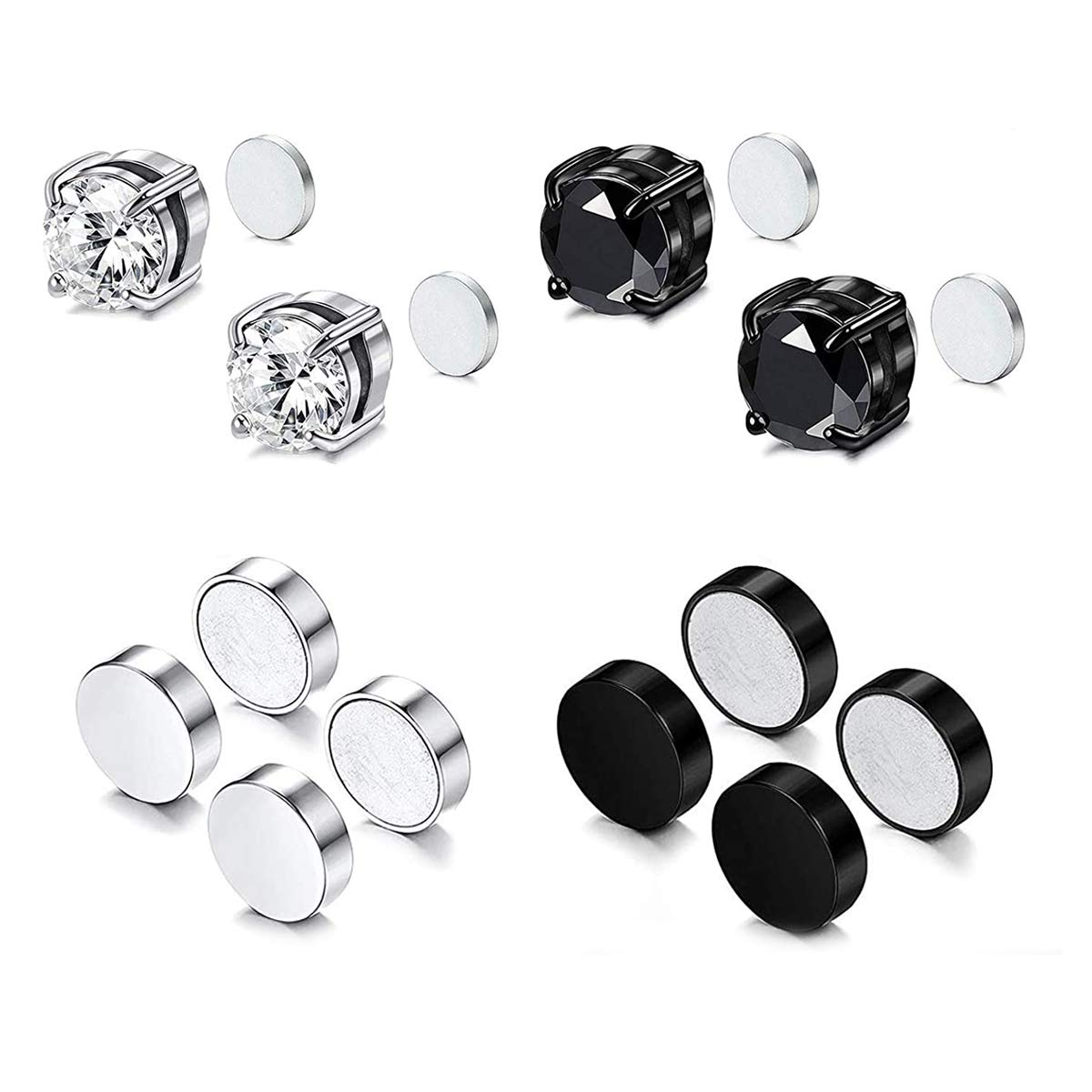 EZCLASSY 4 Pairs Stainless Steel Magnetic Stud Earrings for Men & Women - Hypoallergenic CZ Clip On Earrings Set for Sensitive Ears | Perfect for Work, Parties & Everyday Wear