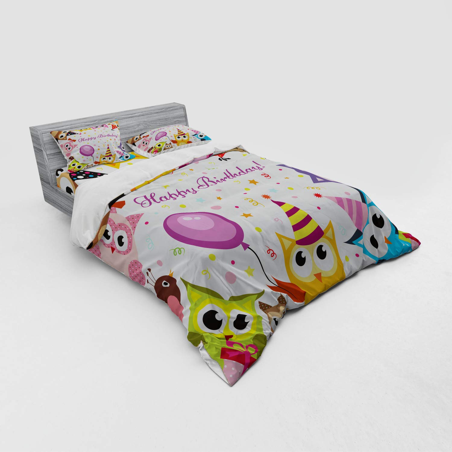 Ambesonne Birthday Party Owl Family Bedding Set - 4 Piece Duvet Cover with Shams & Fitted Sheet, Queen Size, Colorful Cone Hat Design - Perfect for Kids' Birthday Parties, Themed Bedrooms & Fun Sleepovers