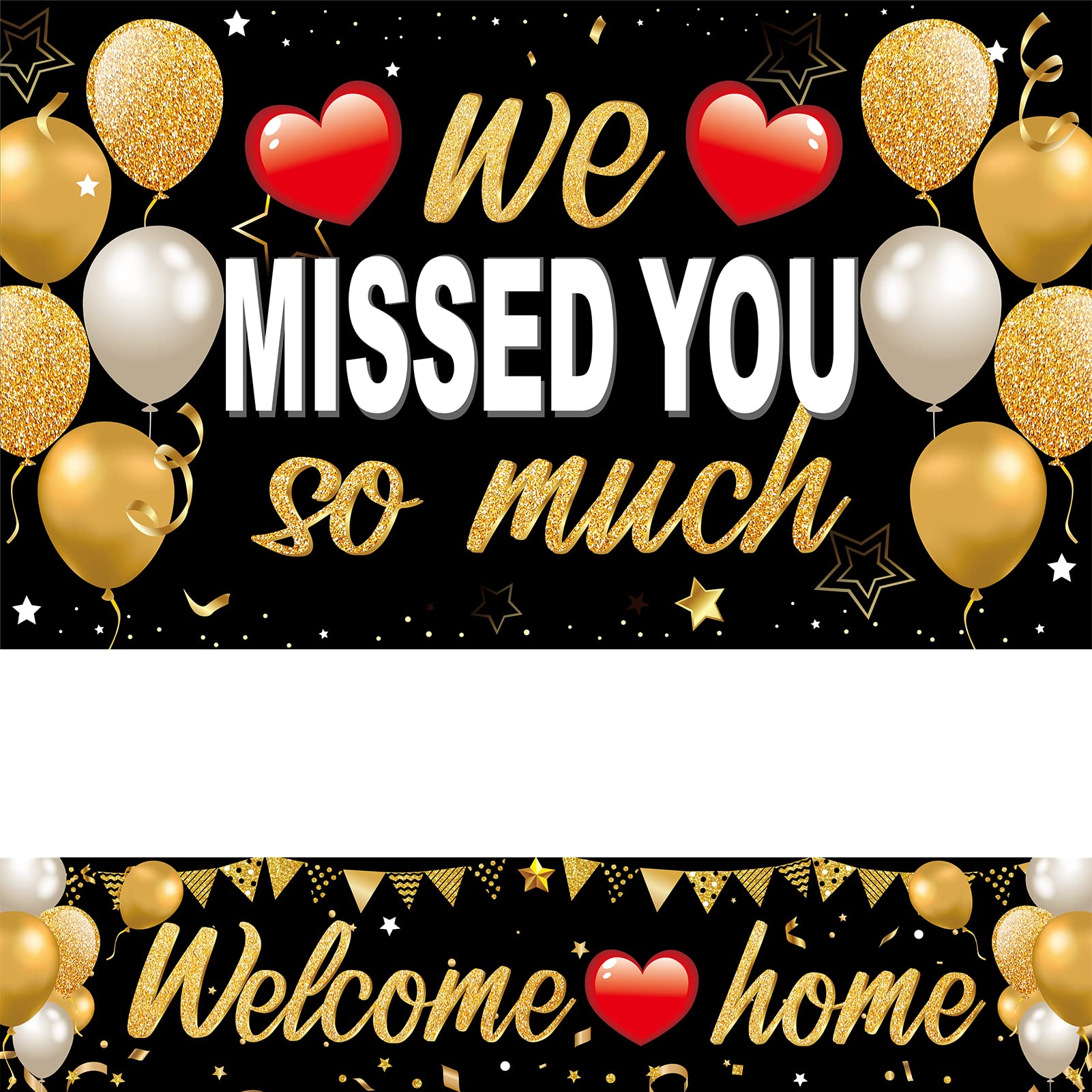 2Pcs Welcome Home Decorations - 'We Missed You So Much' Banner & Black Gold Welcome Back Family Yard Sign - Patriotic Military Army Homecoming Party Supplies - Perfect for Deployment Returns, Family Reunions & Backyard Celebrations