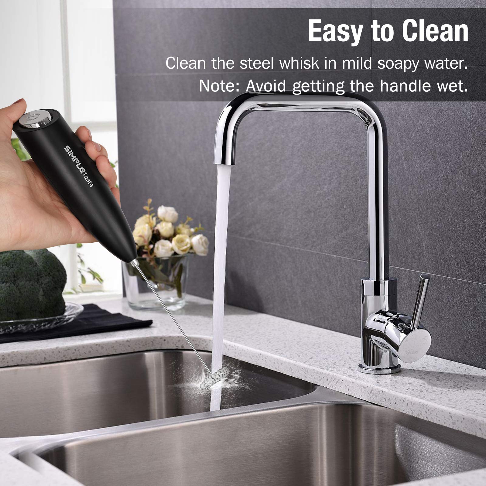 SIMPLETASTE Handheld Electric Milk Frother with Stainless Steel Whisk - Battery Powered Drink Mixer for Cappuccino, Latte, Coffee & Hot Chocolate - Perfect for Home, Office & Coffee Shops