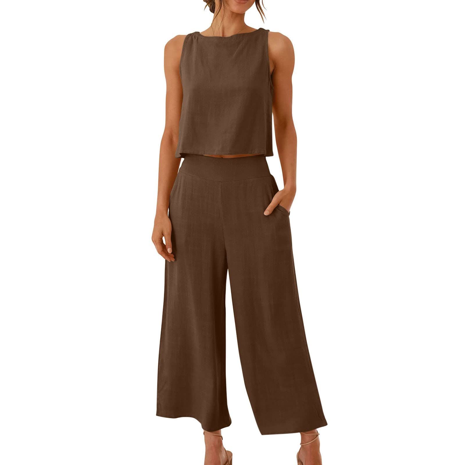 Women's 2-Piece Summer Outfit Set - Linen Crop Top & High Waist Wide Leg Capri Pants Lounge Set | Casual Wear, Beach Vacation, Yoga, Street Fashion