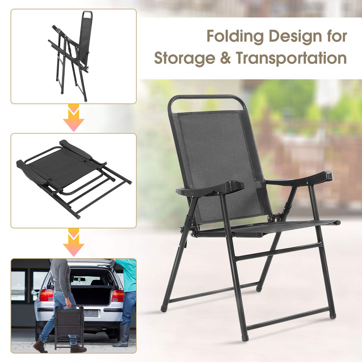 SAFSTAR Folding Sling Chairs - 2 Pack Outdoor Patio Furniture with Armrests, Lightweight Portable Lawn & Garden Chairs for Backyard, Beach, Camping (Dark Gray) - Perfect for Relaxing, Picnics & Outdoor Events