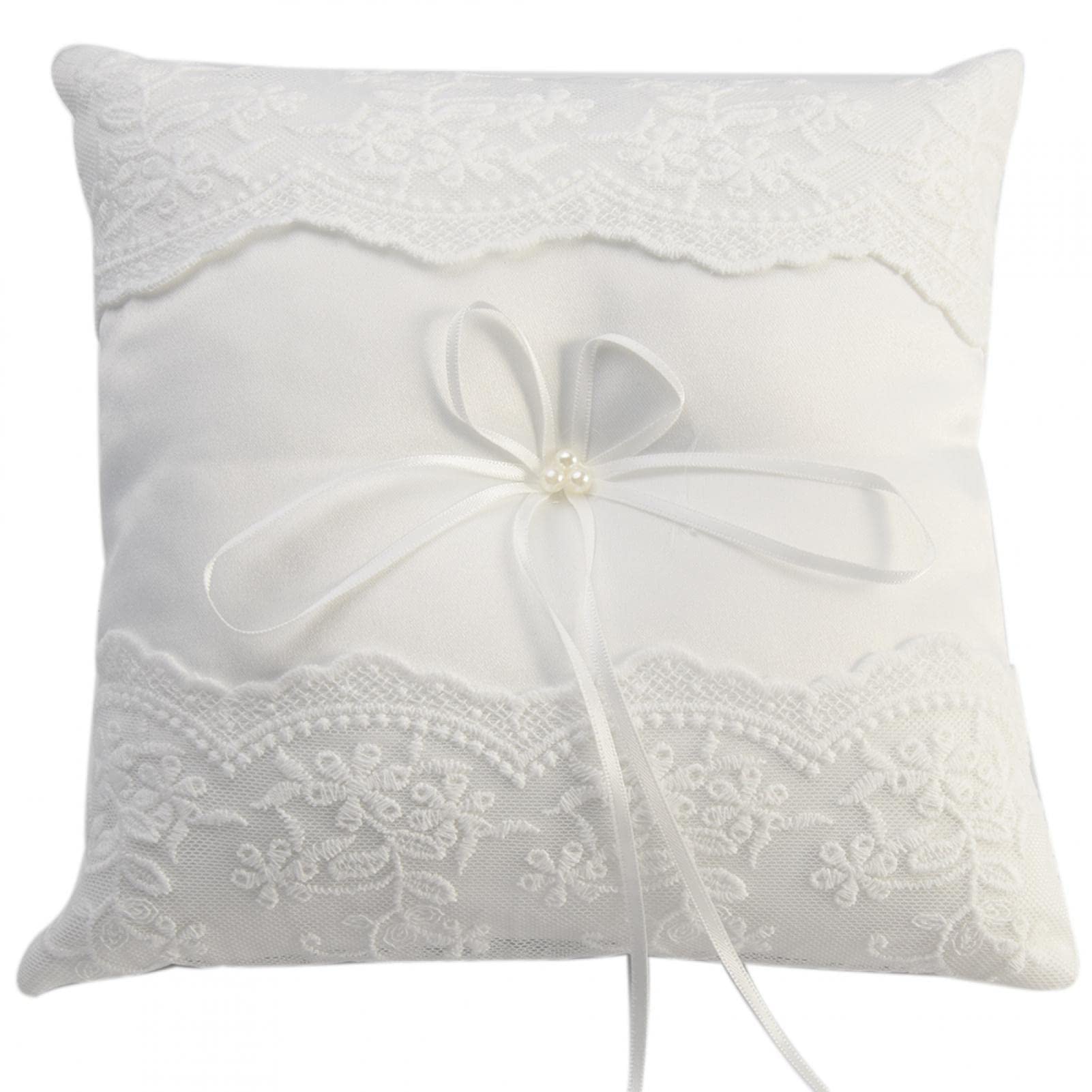 EMVANV Elegant Wedding Ring Pillow with Embroidered Flowers & Bow - 20x20cm European Style Ring Cushion for Wedding Ceremony, Engagement Party & Vow Renewal - Perfect Ring Bearer Accessory for Romantic Weddings