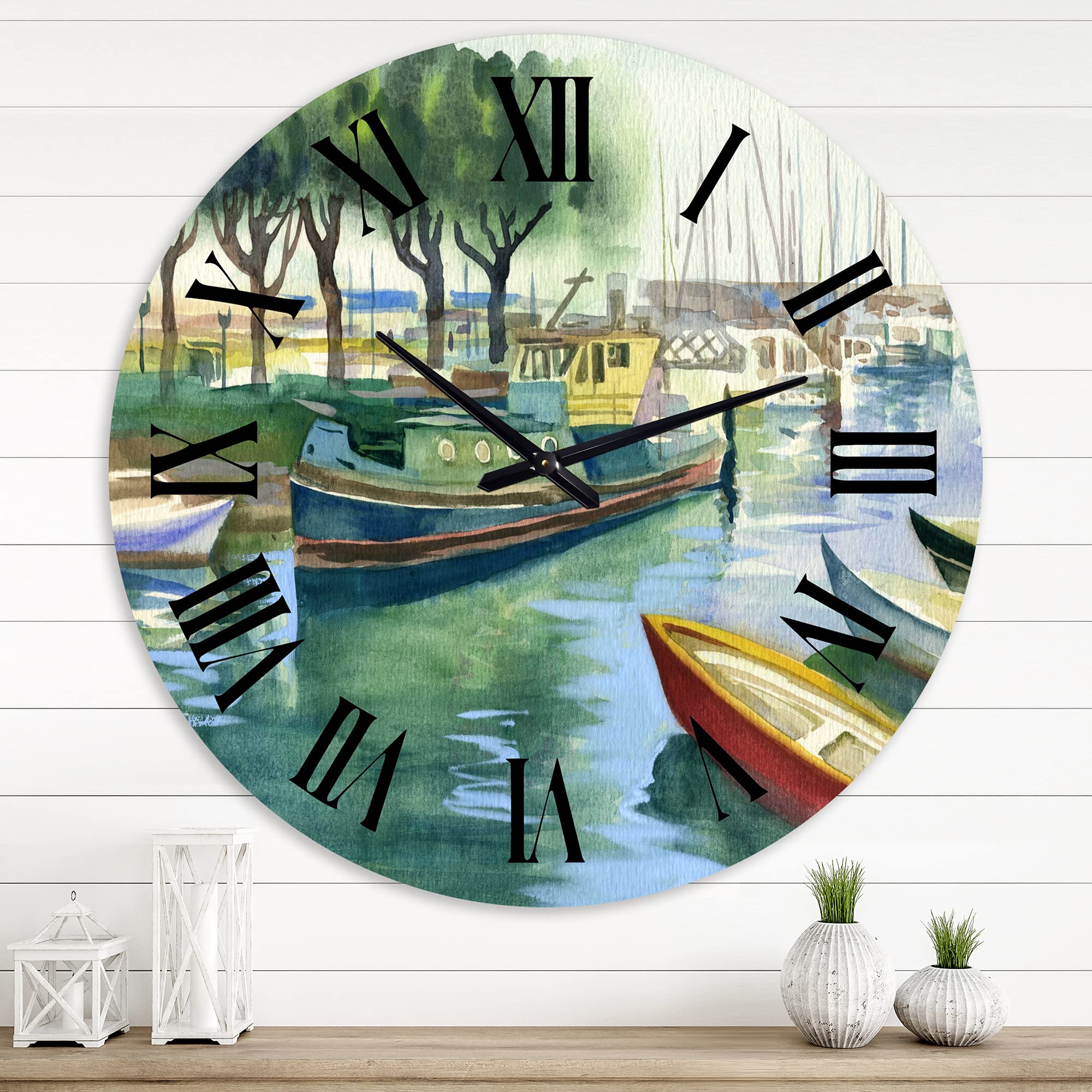 Large Traditional Wall Clock 'Boats in Green Spring' - Nature Landscape Wall Clock for Kitchen, Living Room, Bedroom Decor | Perfect for Home, Office & Farmhouse Style Interiors