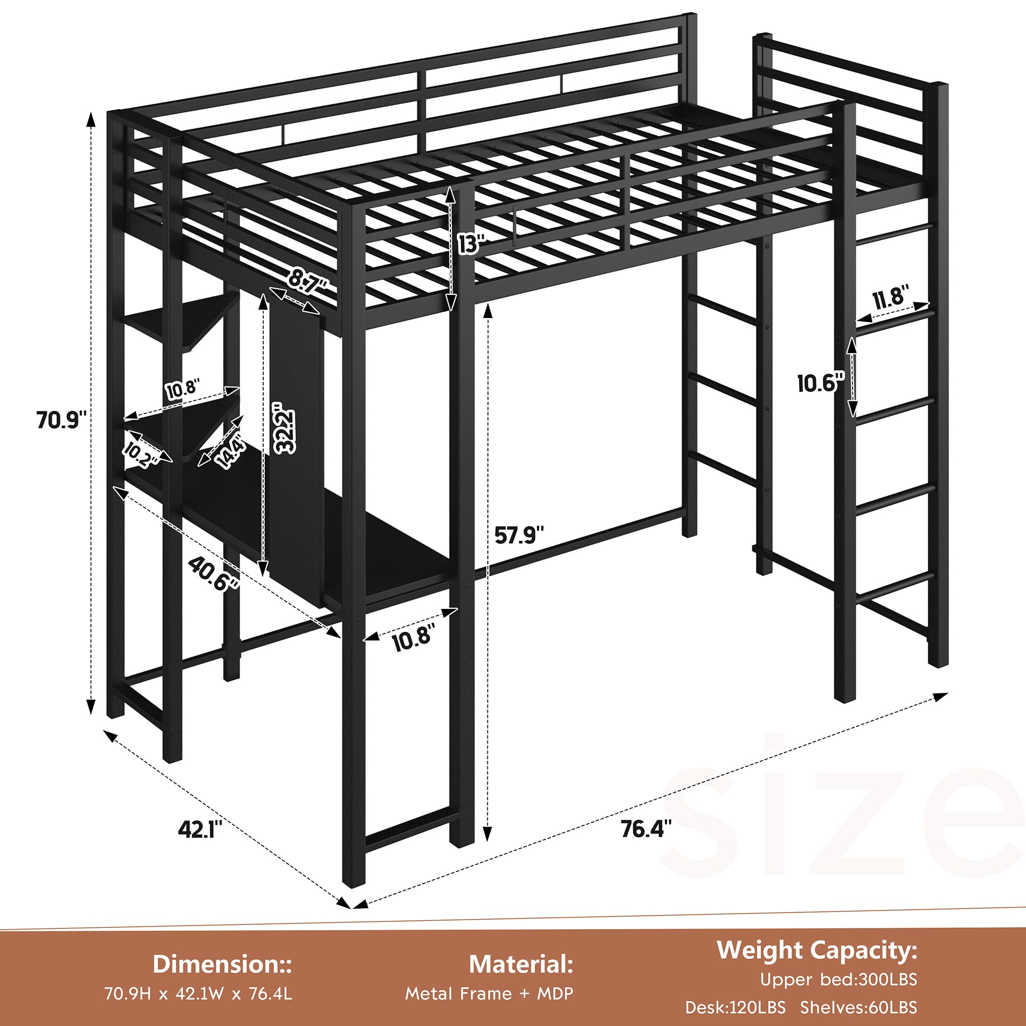 Shintenchi Twin Size Loft Bed with Desk & Storage Shelves - Sturdy Space-Saving Bed Frame for Kids, Teens & Adults - Anti-Tilt Quiet Design with 2 Ladders - Perfect for Small Bedrooms, Dorms & Studio Apartments (Black)