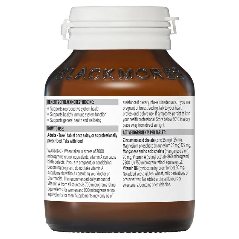 Blackmores Bio Zinc Supplement - Immune Support & Skin Health with Zinc, Vitamin C & E - Daily Wellness for Adults & Kids - Ideal for Cold Season & Healthy Skin Care