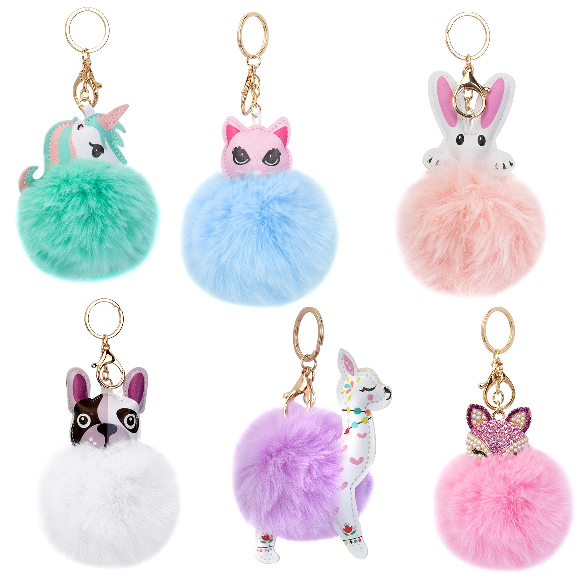6 Pack Cute Animal Pom Pom Keychain - Soft Faux Fur Fluffy Fuzzy Key Ring for Women & Girls - Perfect for Backpacks, Purses, Luggage & Gift Giving