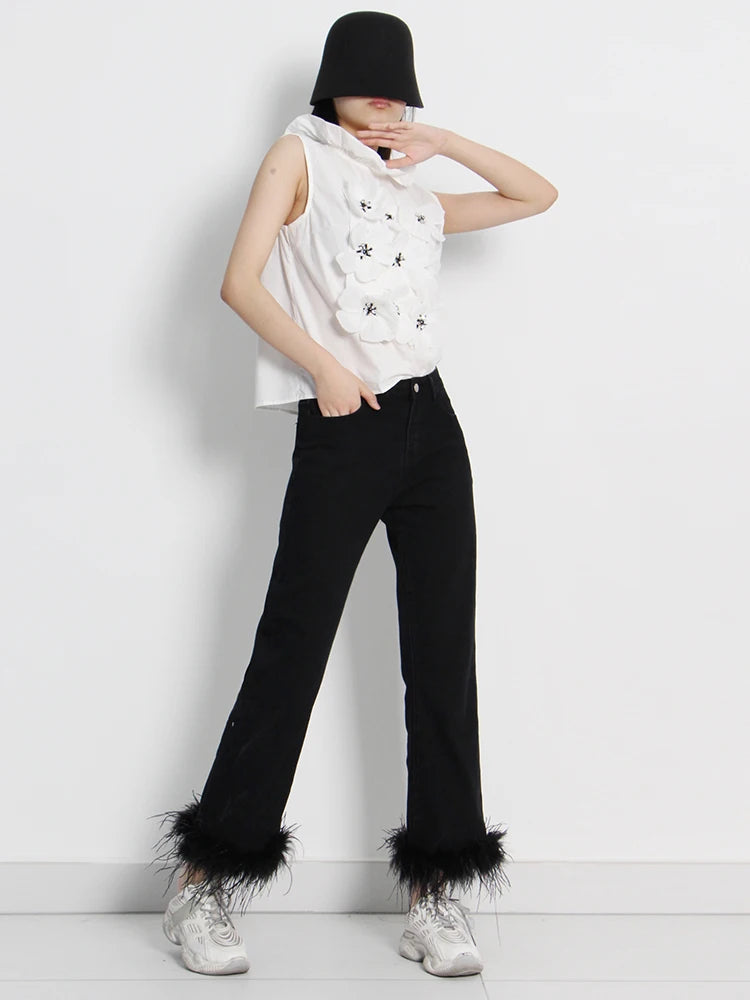 Women's Black Patchwork Feather Pants - High Waist Minimalist Trousers | Korean Fashion Style | Perfect for Casual Wear, Office Outfits & Street Style