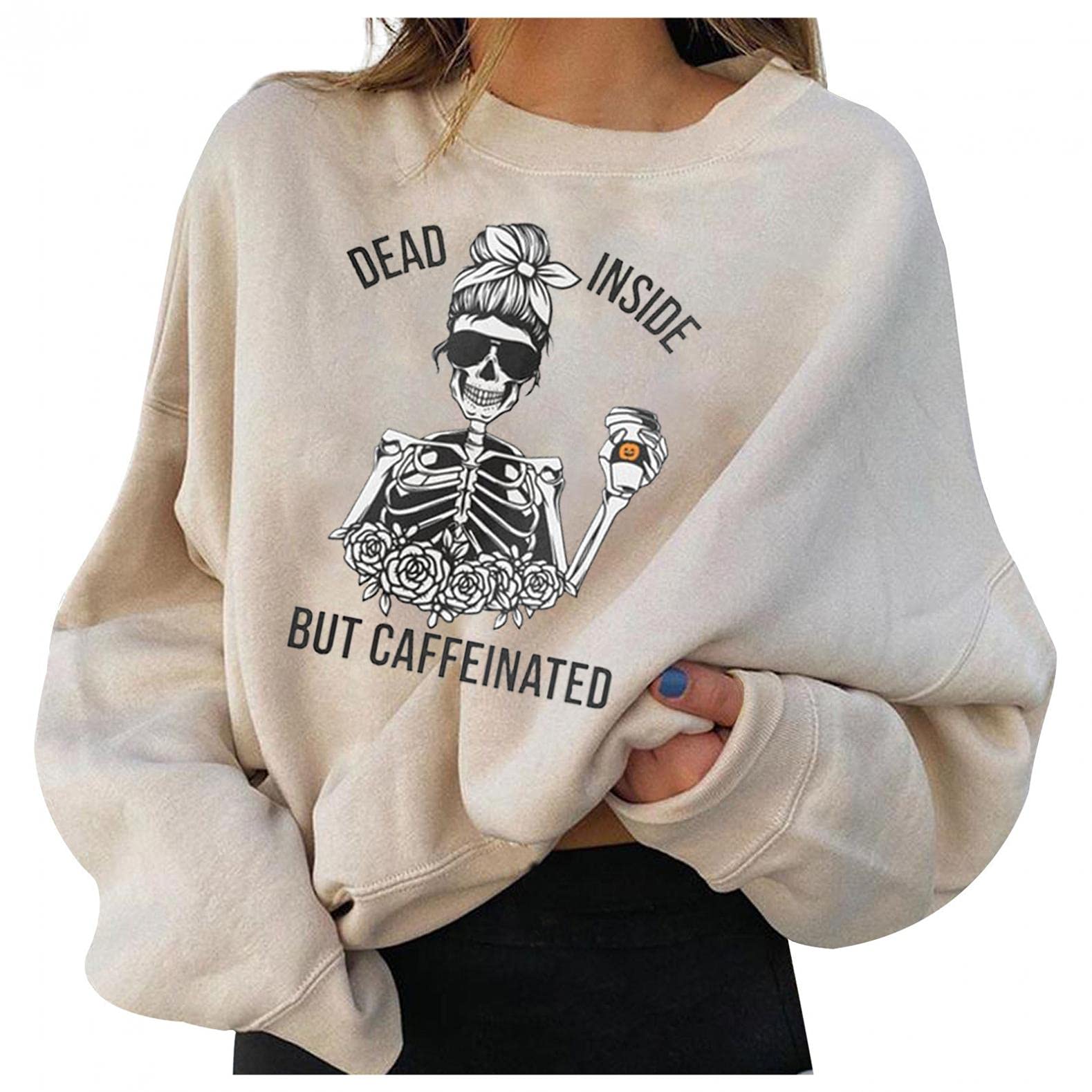 Women's Long Sleeve Skull Pumpkin Printed Tunic Tops - Funny Halloween Graphic Blouses for Party & Casual Wear