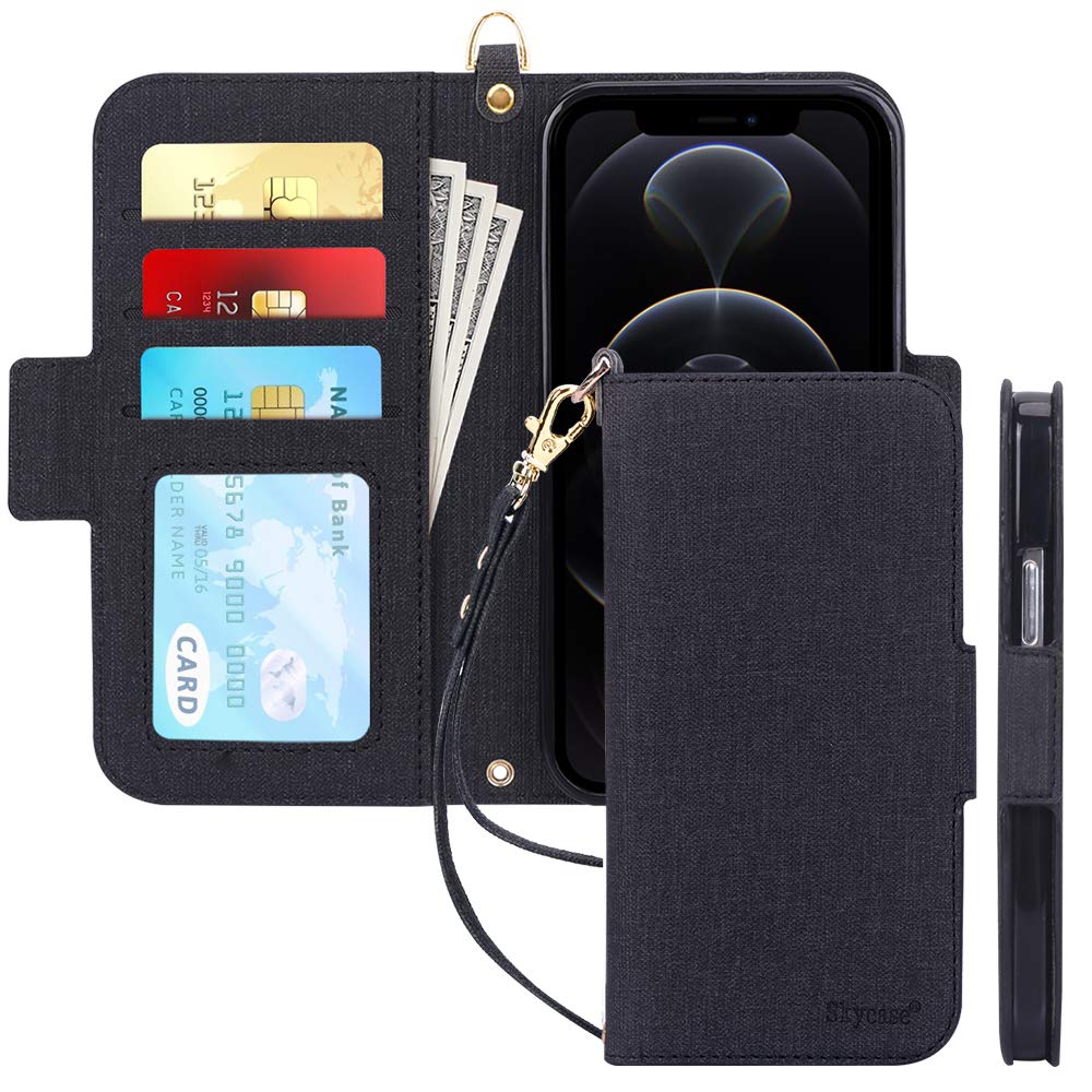 Premium RFID Blocking Flip Wallet Case for iPhone 12 Pro Max (6.7 inch) - Handmade Leather Folio with Card Slots & Detachable Hand Strap | Perfect for Business Travel, Daily Commute and Secure Contactless Payment Protection